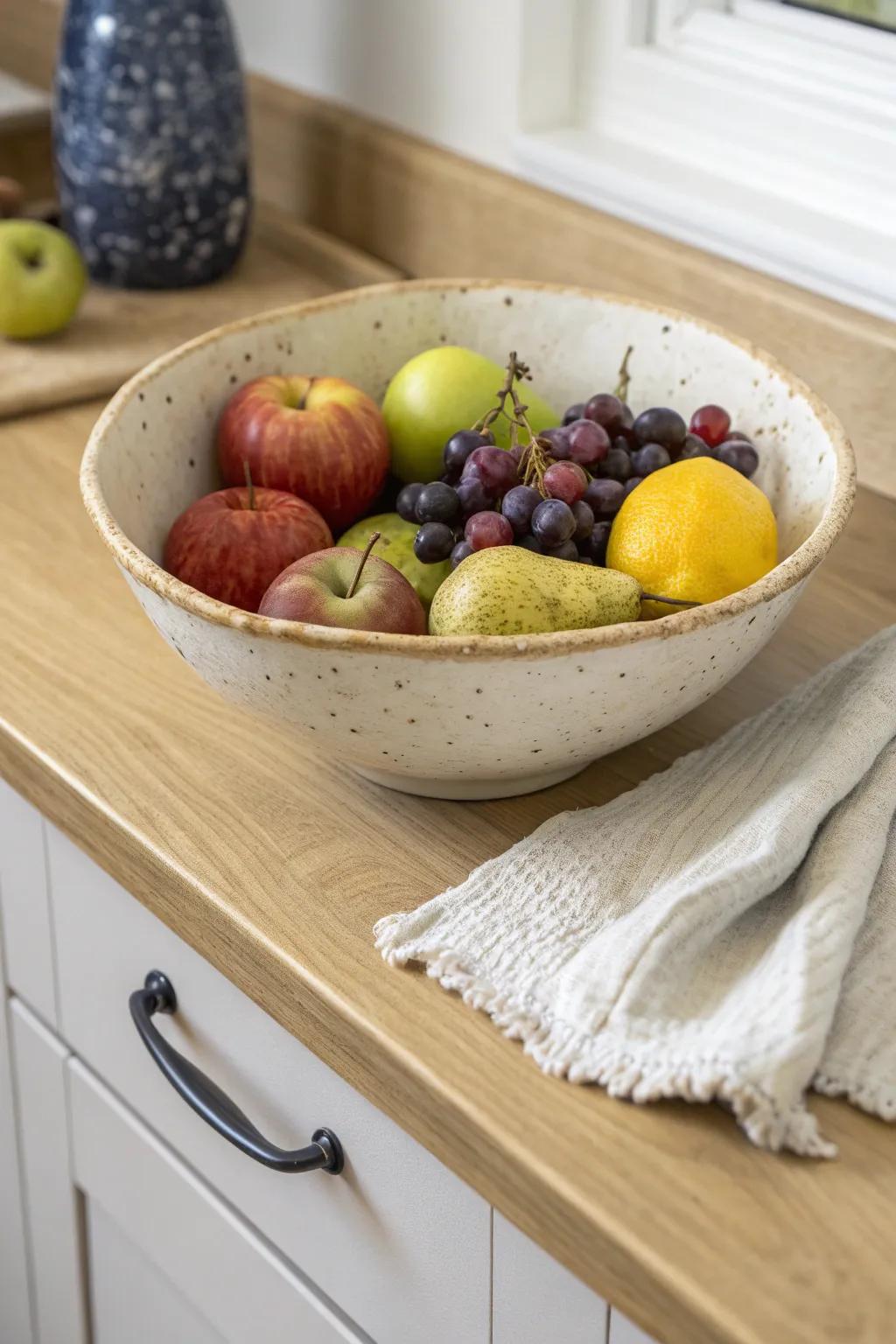 A simple fruit bowl turns your kitchen corner into fresh, budget-friendly decor.