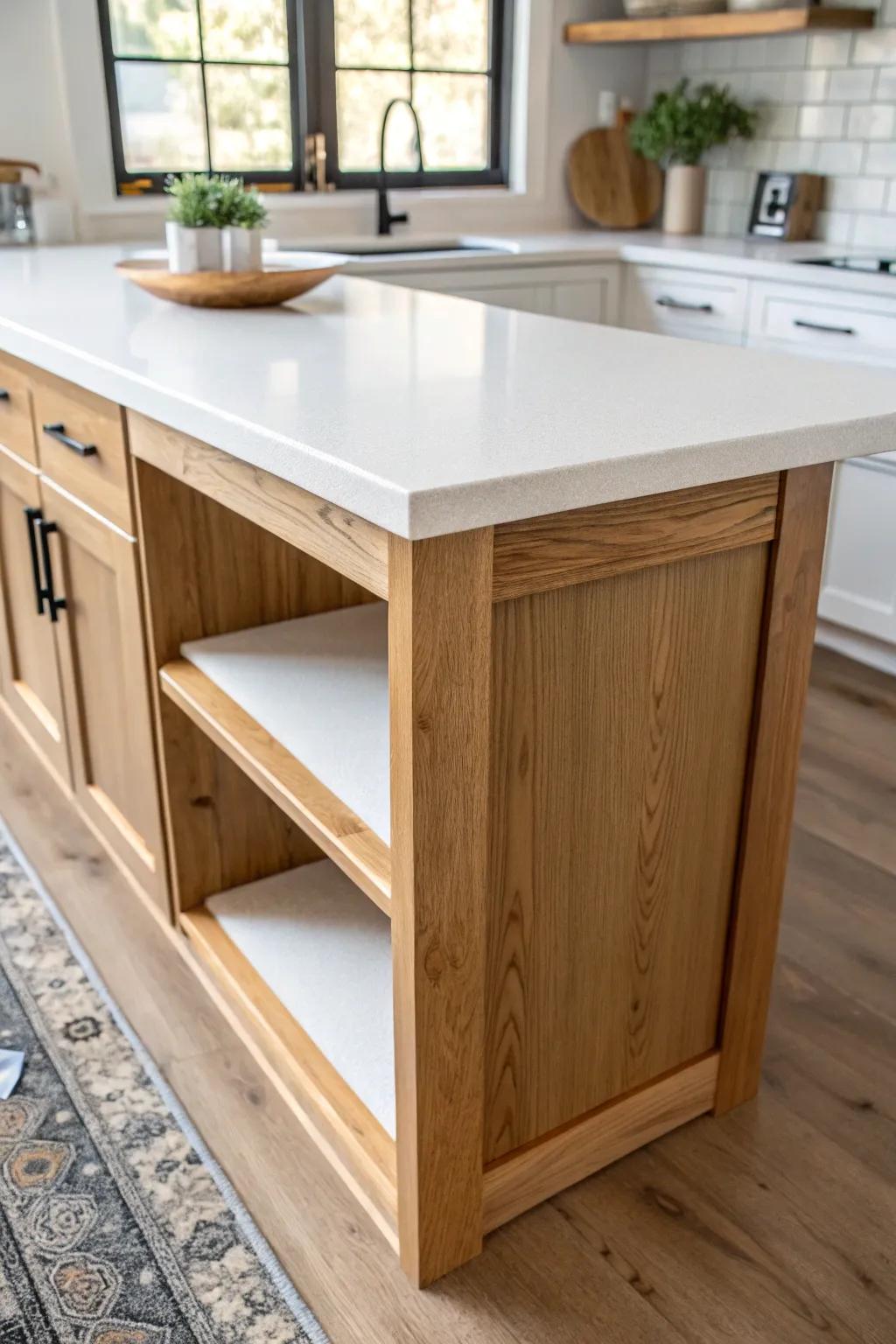 Two-tier bar top extension: sleek prep space below, cozy perch above—made for small kitchens.