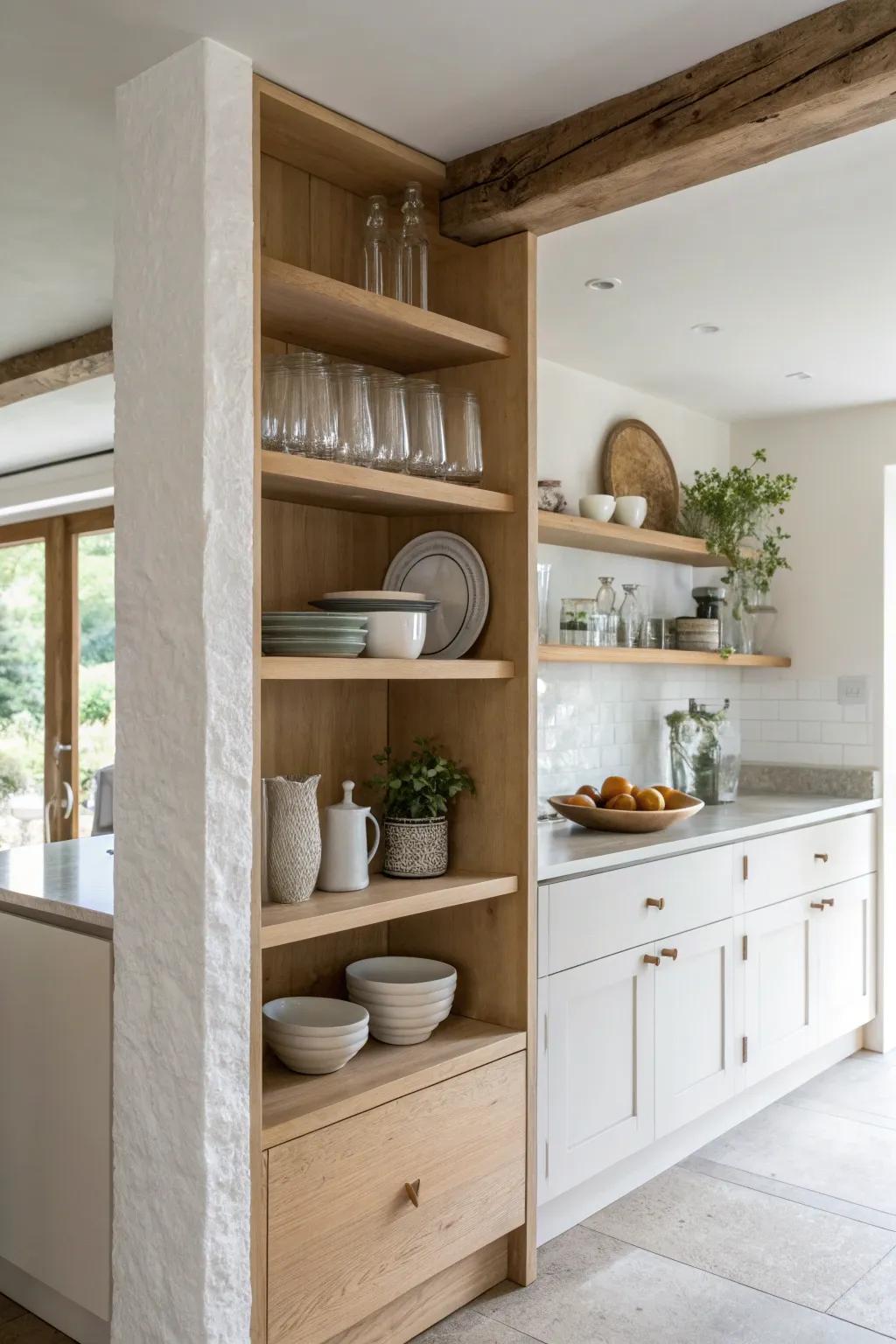 Half wall divider topped with open shelves—adds separation while keeping light and storage airy.
