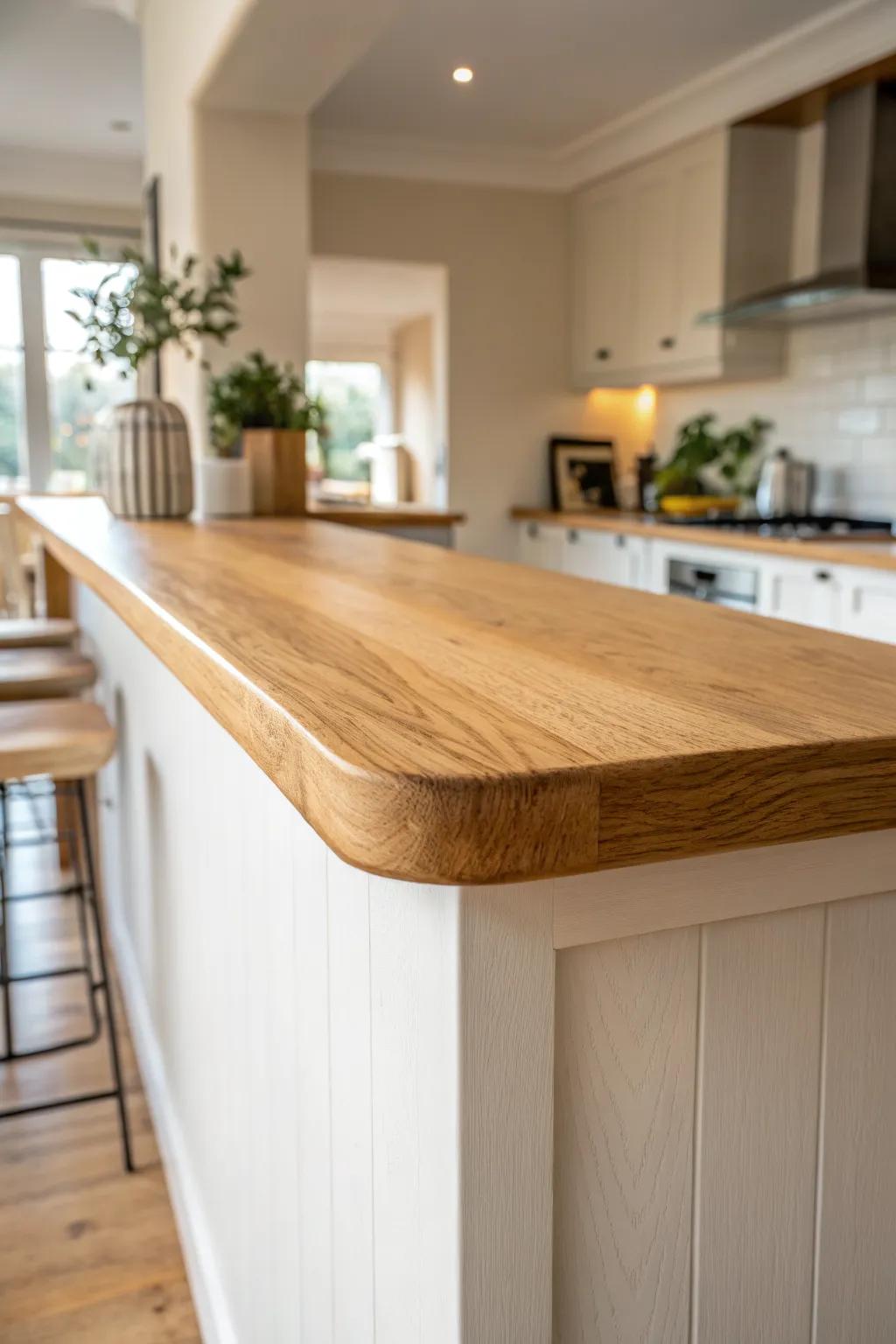 A raised bar top adds privacy for dishes while keeping the kitchen open and airy.