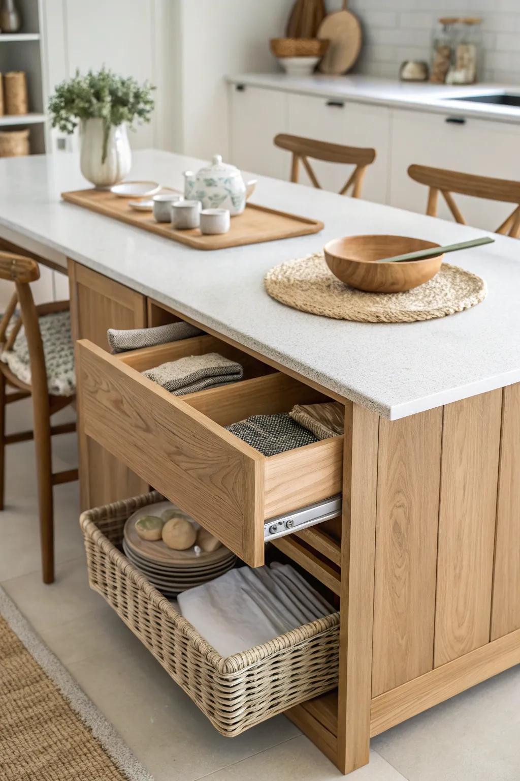 Built-in dining-side storage keeps placemats and napkins tucked away—perfect for small islands.