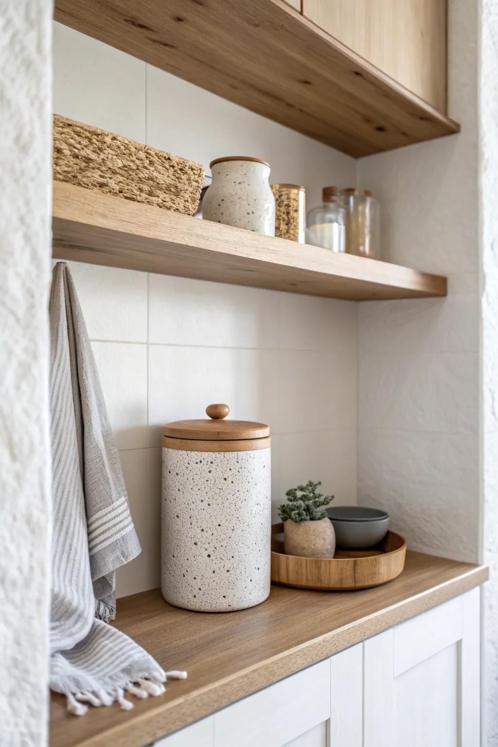 A serene coffee & tea niche—one handcrafted canister, open space, and calmer mornings.