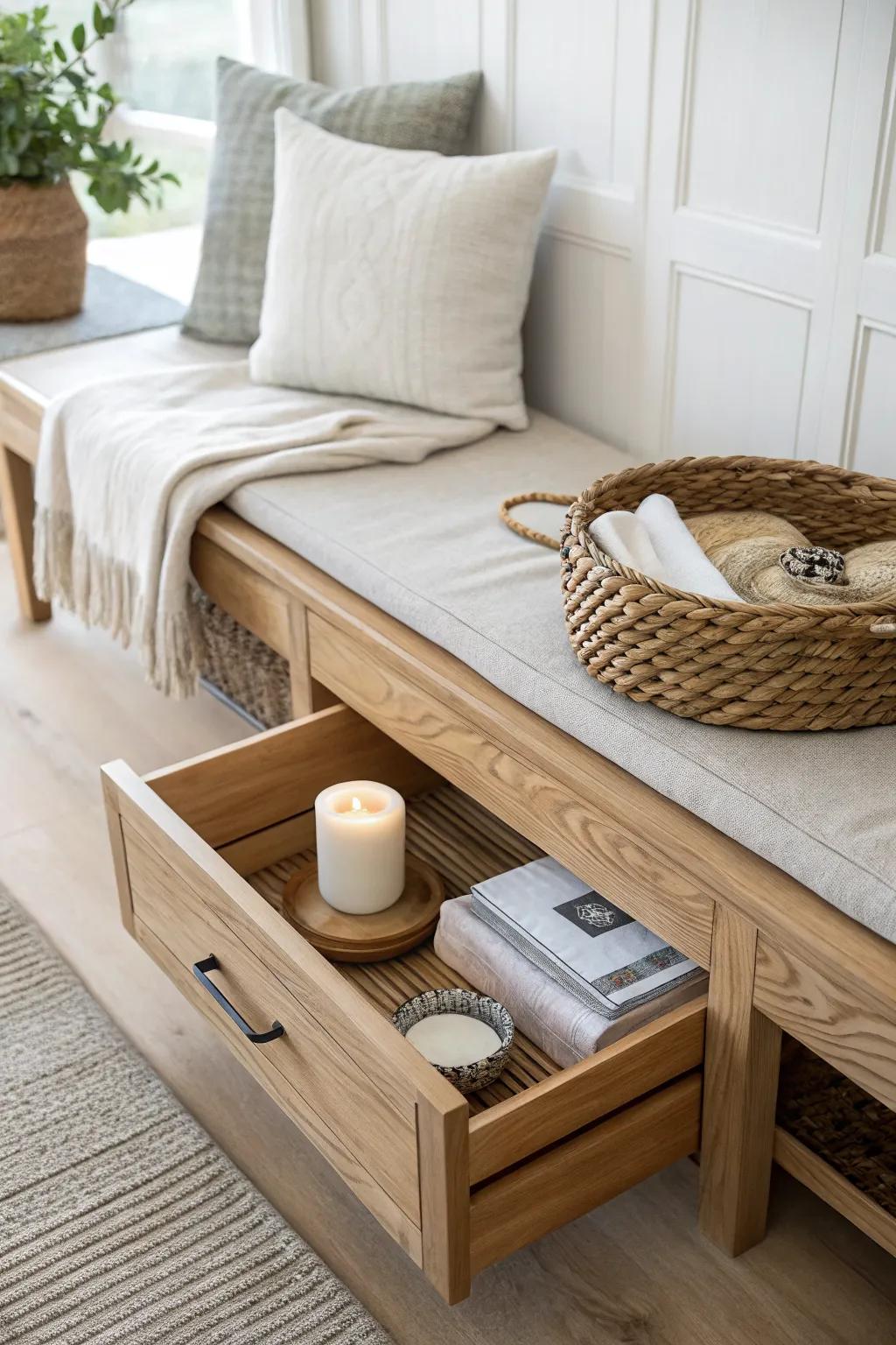 Hidden under-bench storage keeps your breakfast nook calm, tidy, and counter-clear.