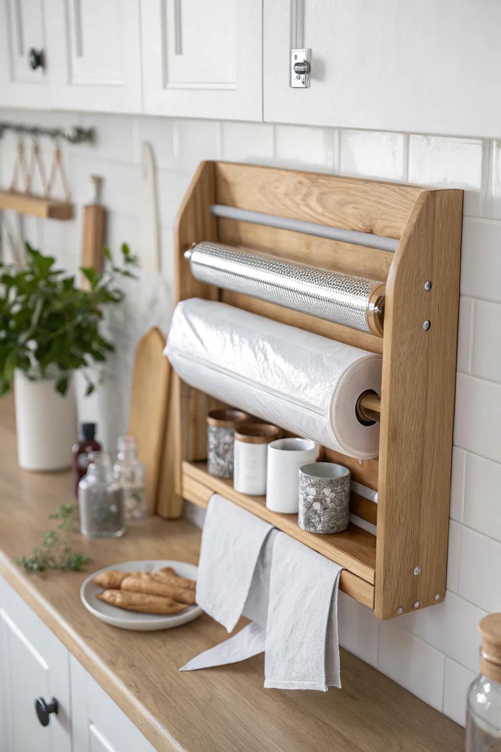 Small-space kitchen win: a mounted wrap & foil holder for quick, one-handed cooking prep.