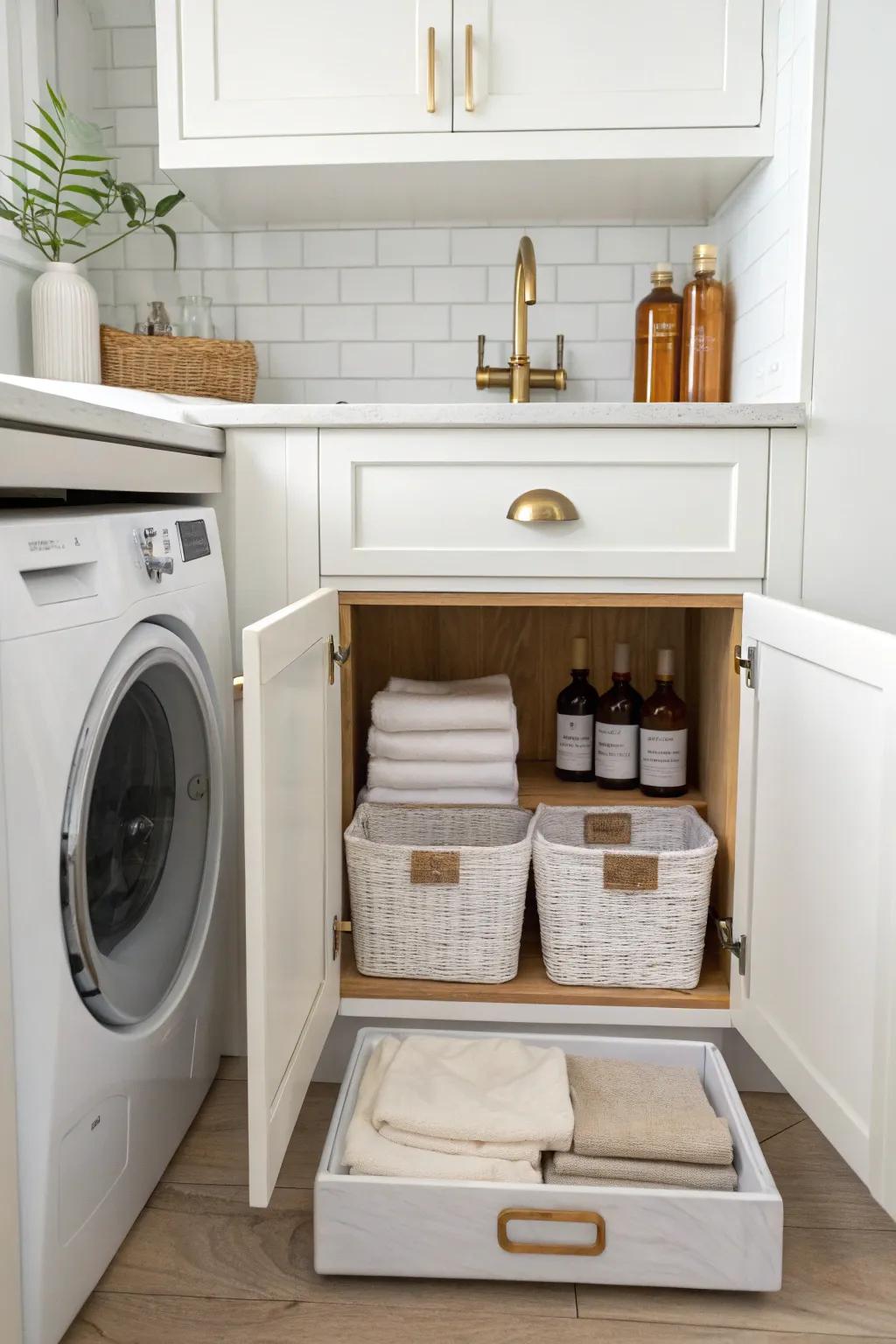 Turn your under-sink laundry cabinet into a spill-proof zone with trays + slim bins.