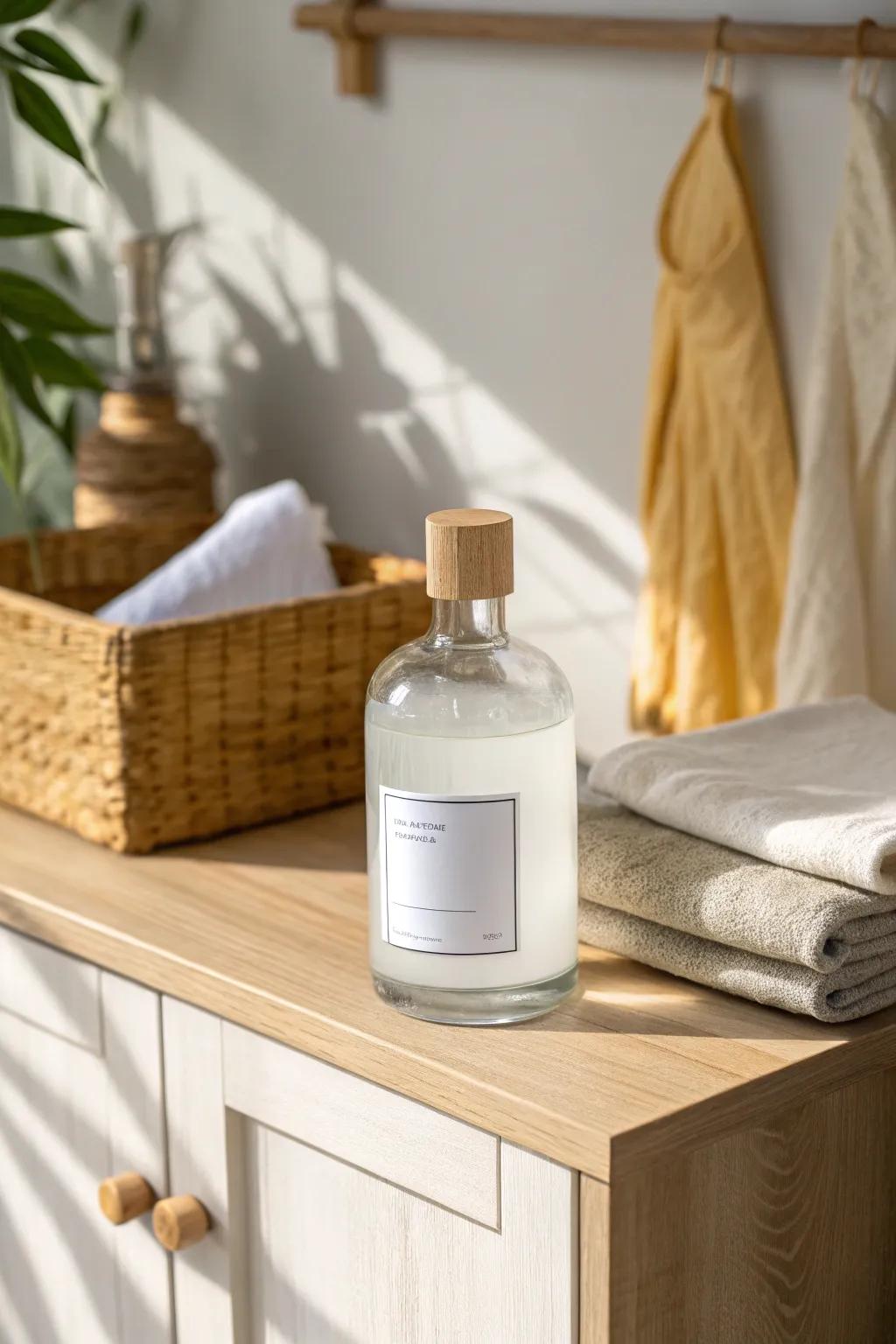 A simple cabinet riser creates a second level so detergent refills stay visible and tidy.