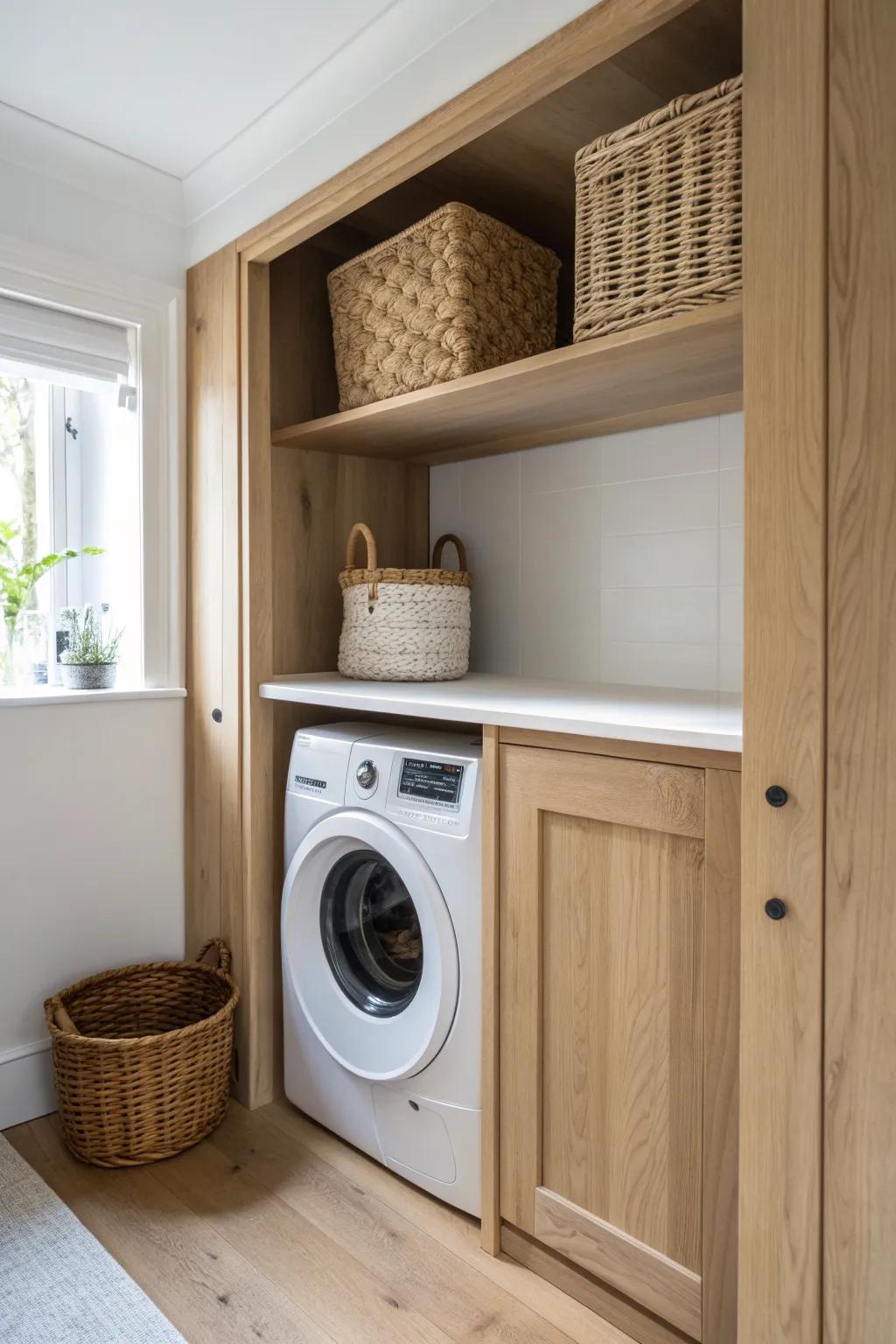 Turn a tiny alcove into a custom folding station with a simple wall-to-wall shelf.