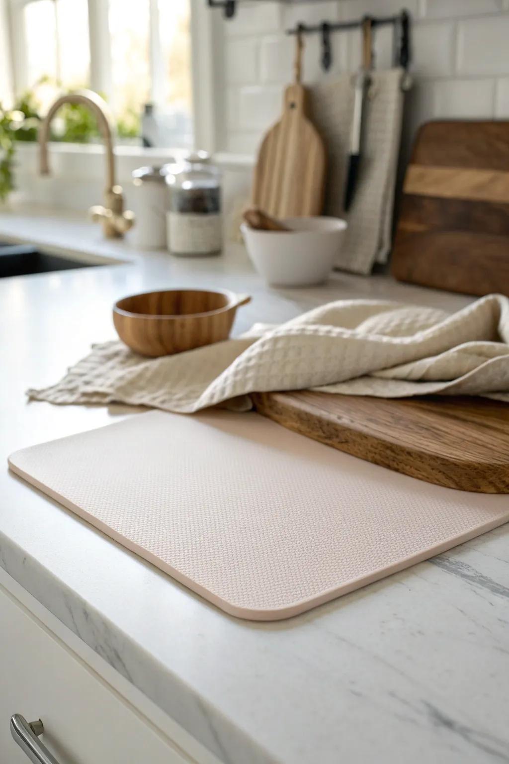 A wipeable mat turns your kitchen counter into a calm folding-and-prep zone in seconds.