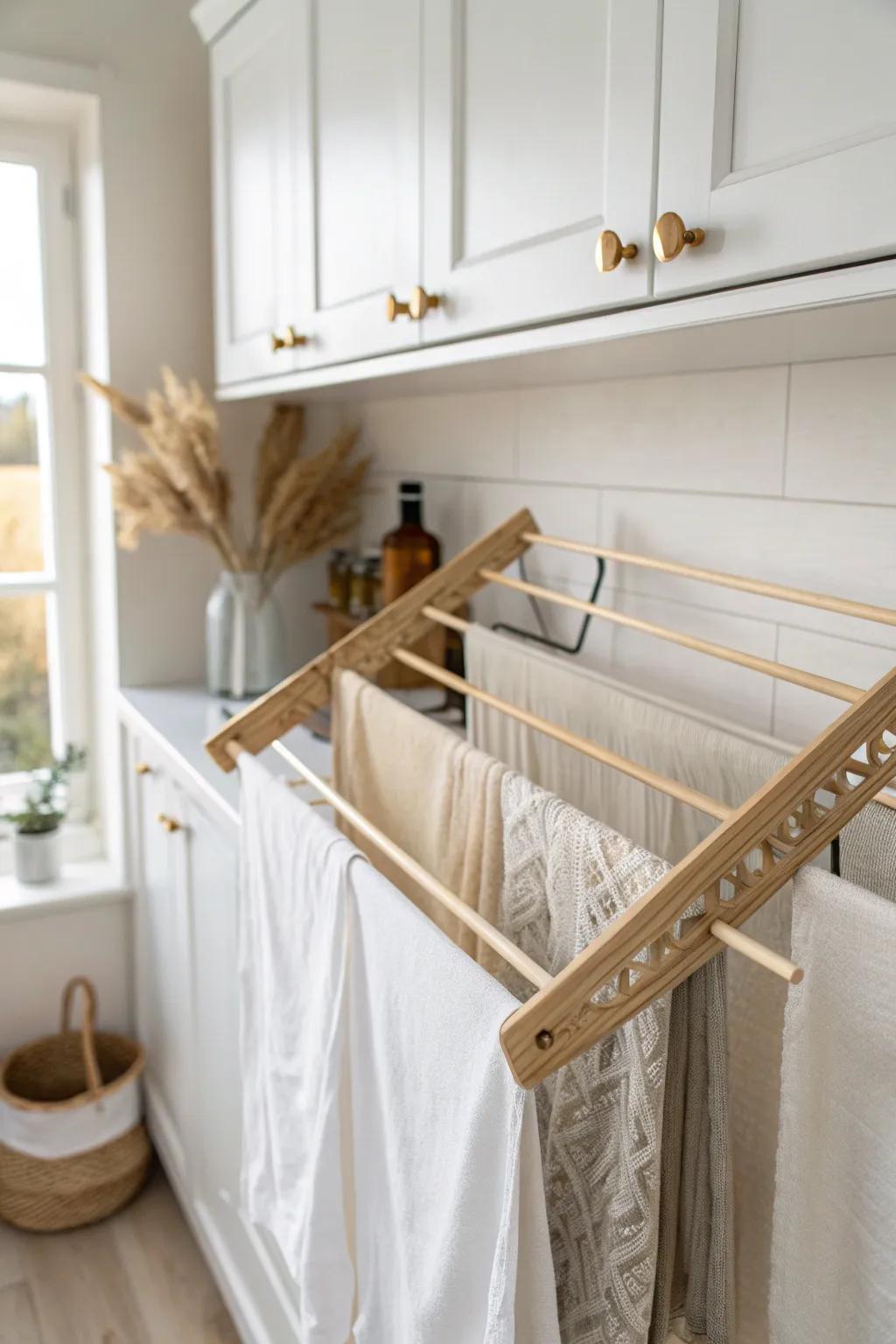 Pull-down drying rack under uppers—smart vertical storage for tight laundry corners.