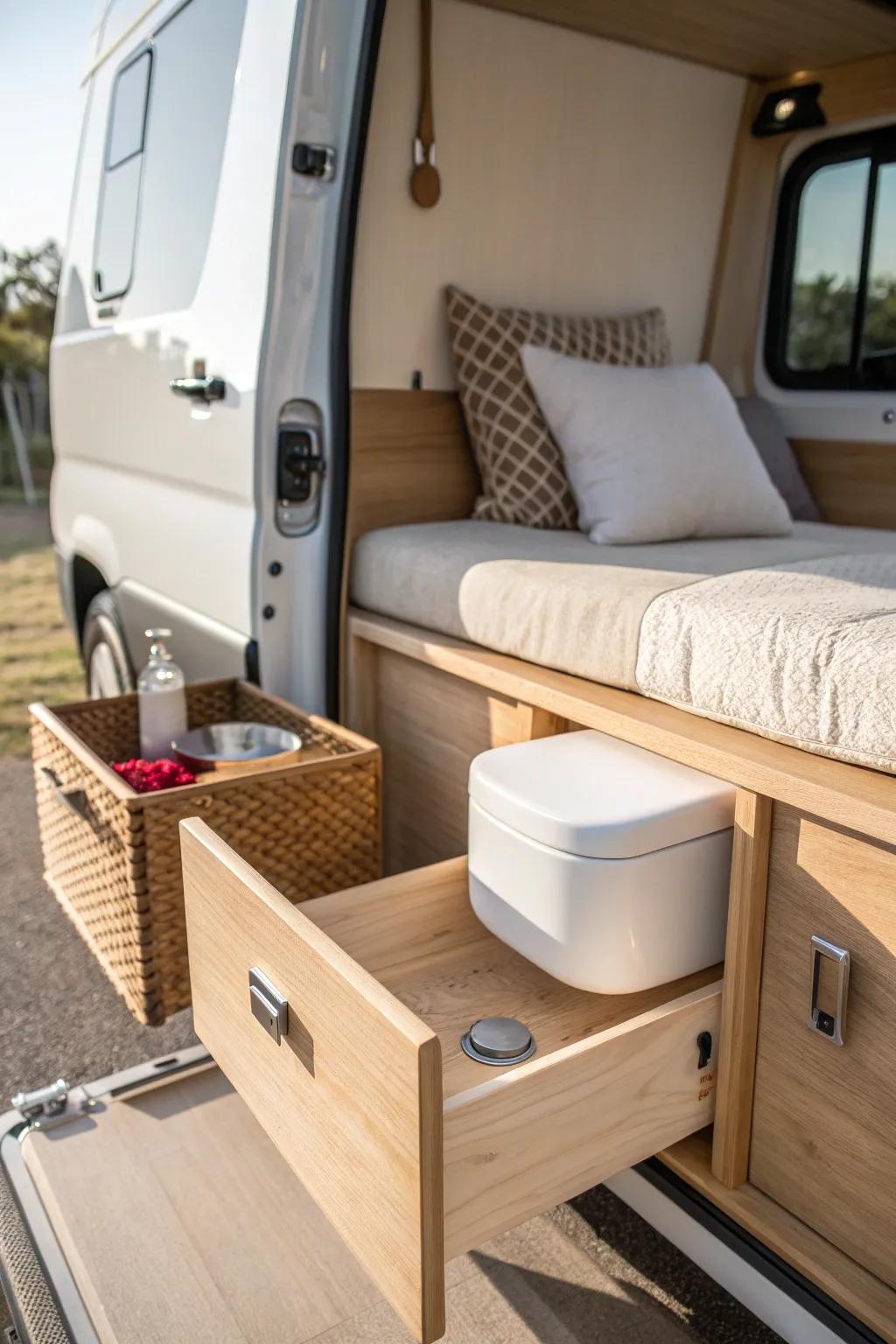 A hidden toilet drawer under a bench keeps your camper van aisle open and beautifully minimal.