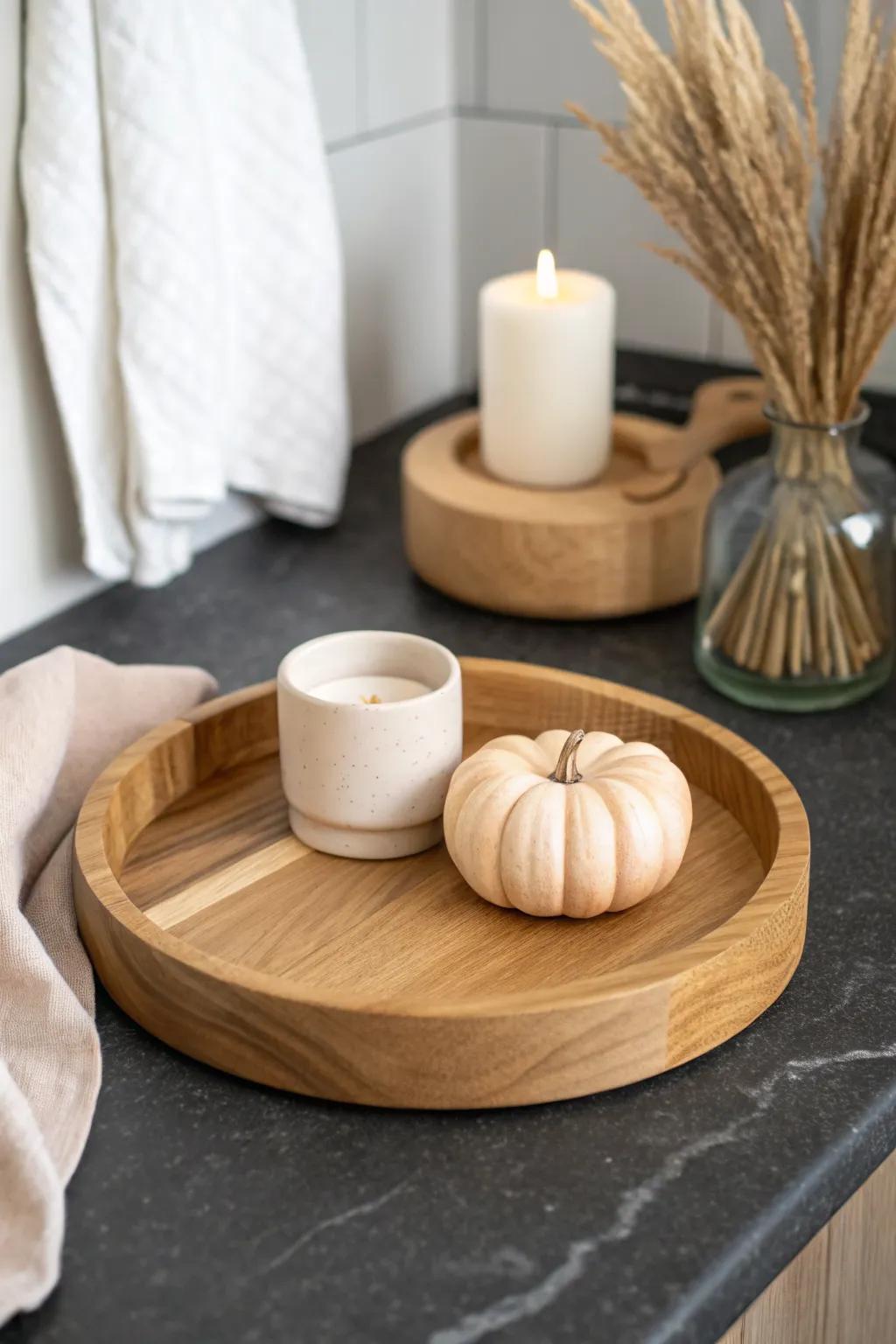 One lazy susan, one seasonal swap—add a mini pumpkin for an instant small-space refresh.