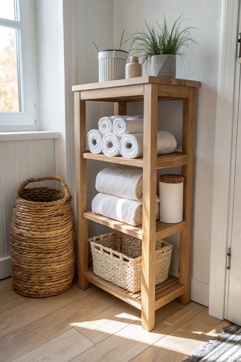 A low shelf keeps bulk paper goods easy to grab—no heavy lifting above shoulder height.