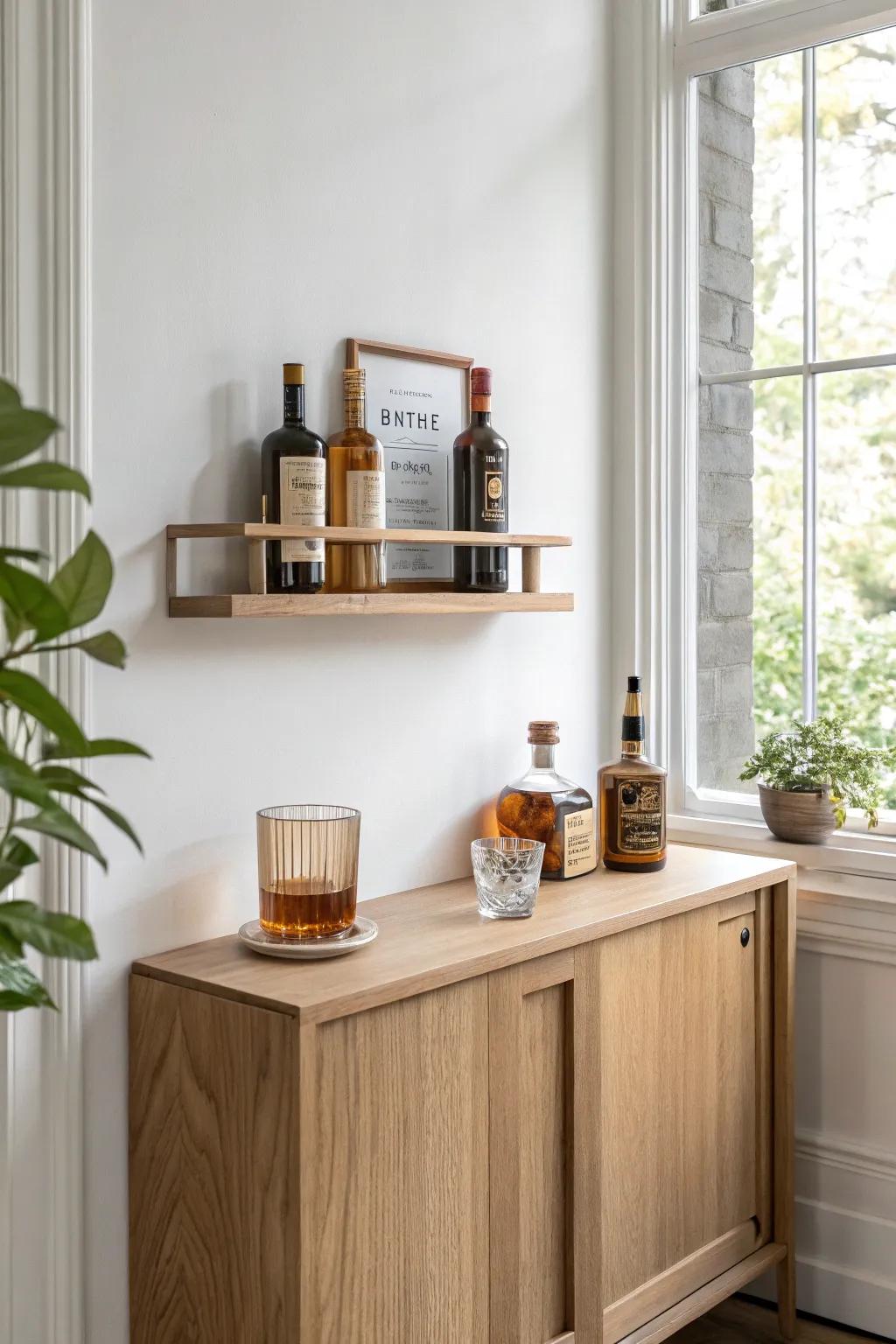 A calm, handcrafted floating liquor shelf above the buffet—minimal, warm, and elevated.