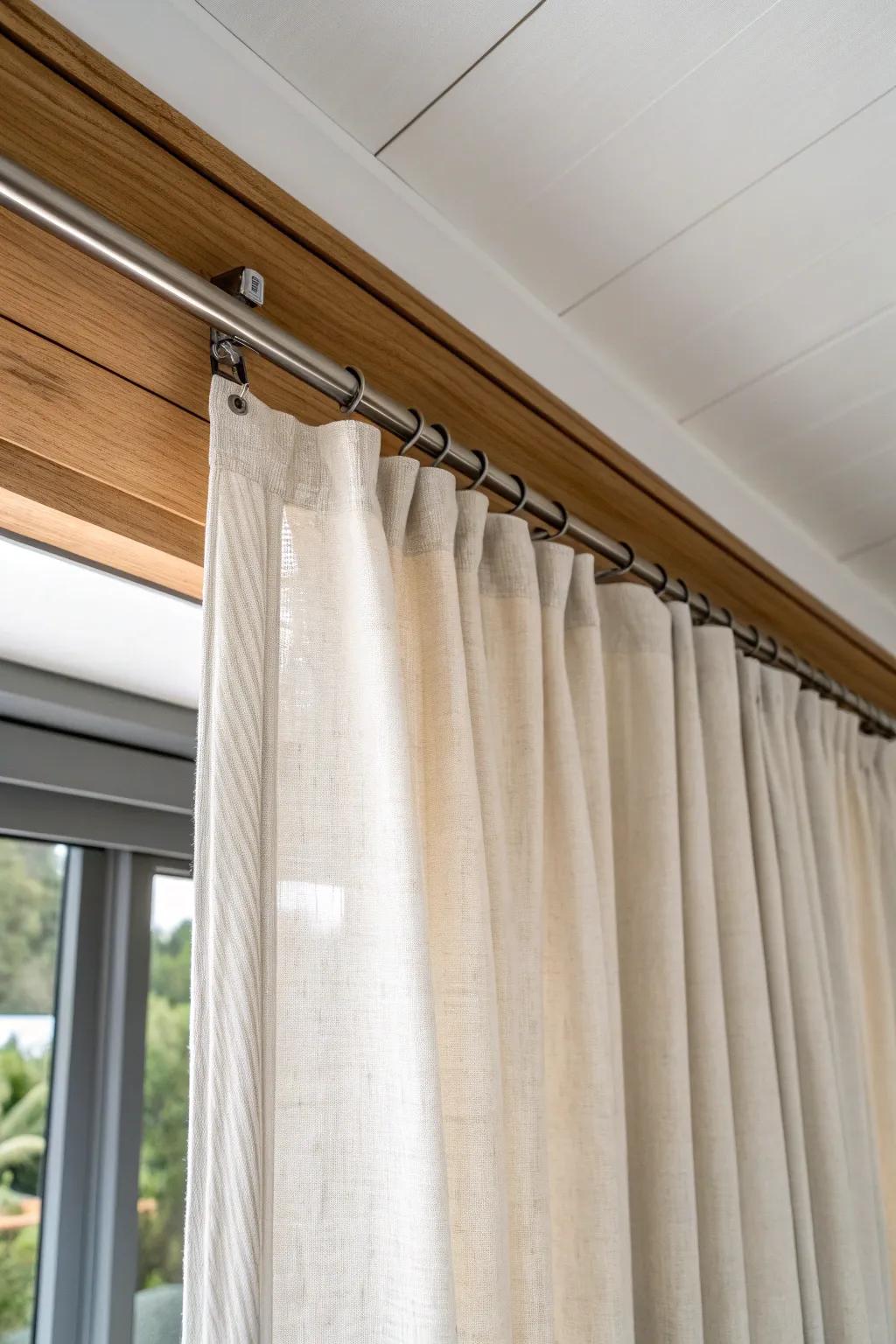 Ceiling-track sheers create a cozy room divider—light, flexible, and beautifully minimal.