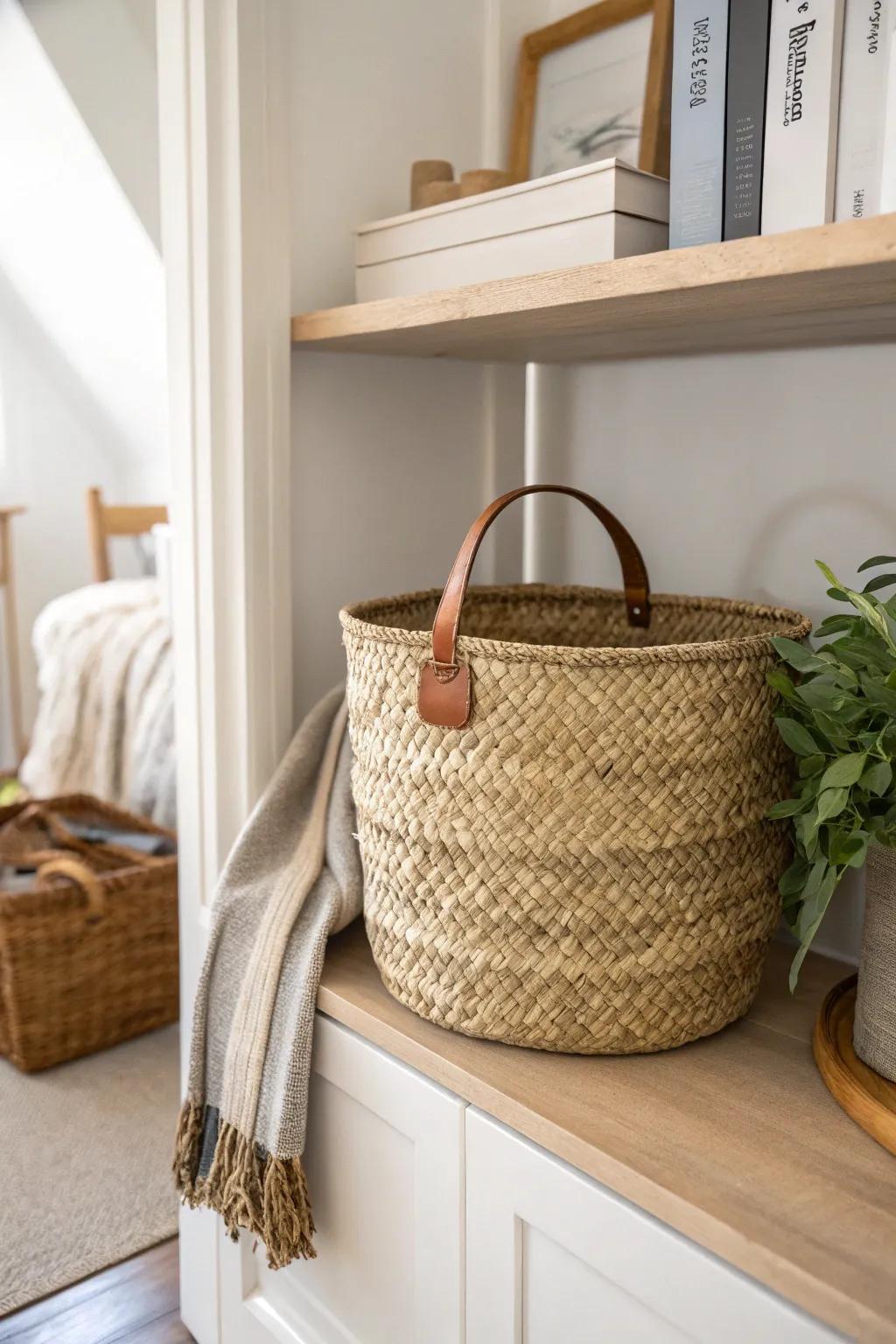 One matching woven basket turns open shelves into calm, hidden storage in a small living room.