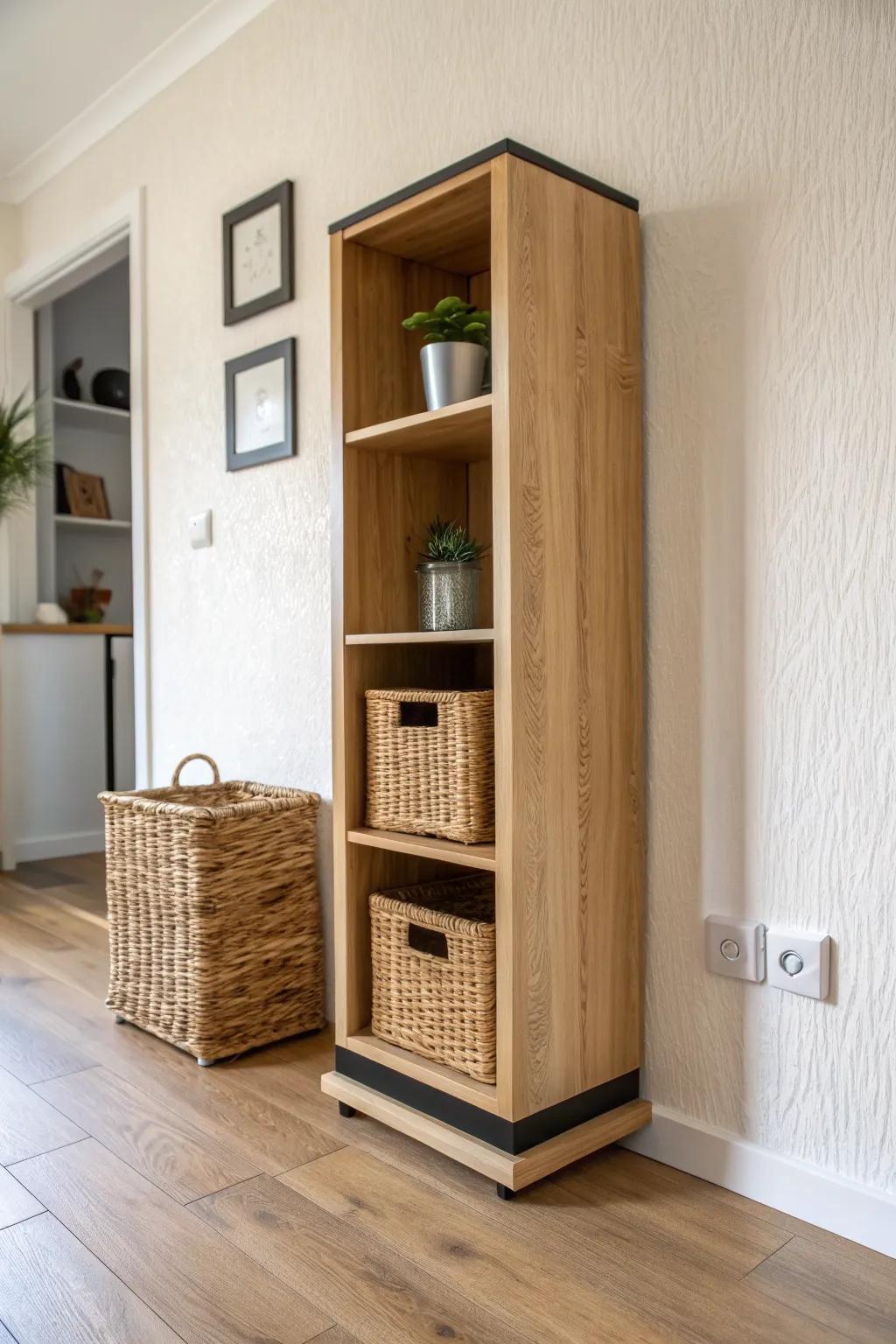 Turn an awkward corner into a finished look with a slim cube shelf that hides clutter.