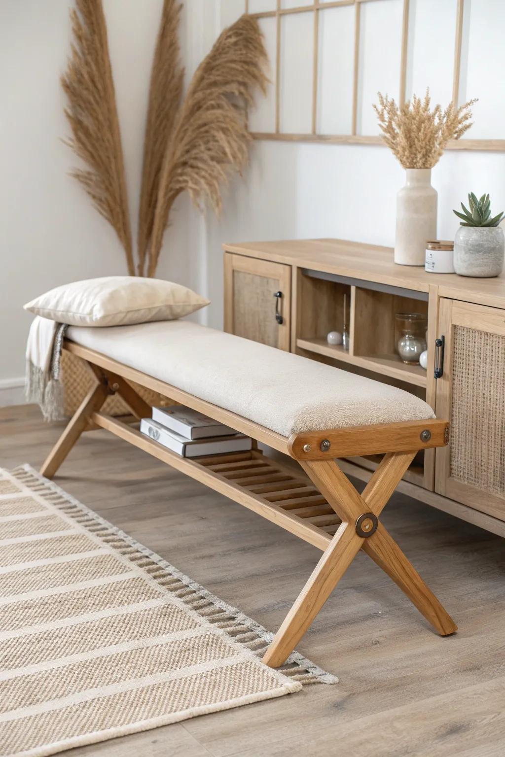 A foldaway bench in oak and linen—workout-ready, then styled away beside your media unit.