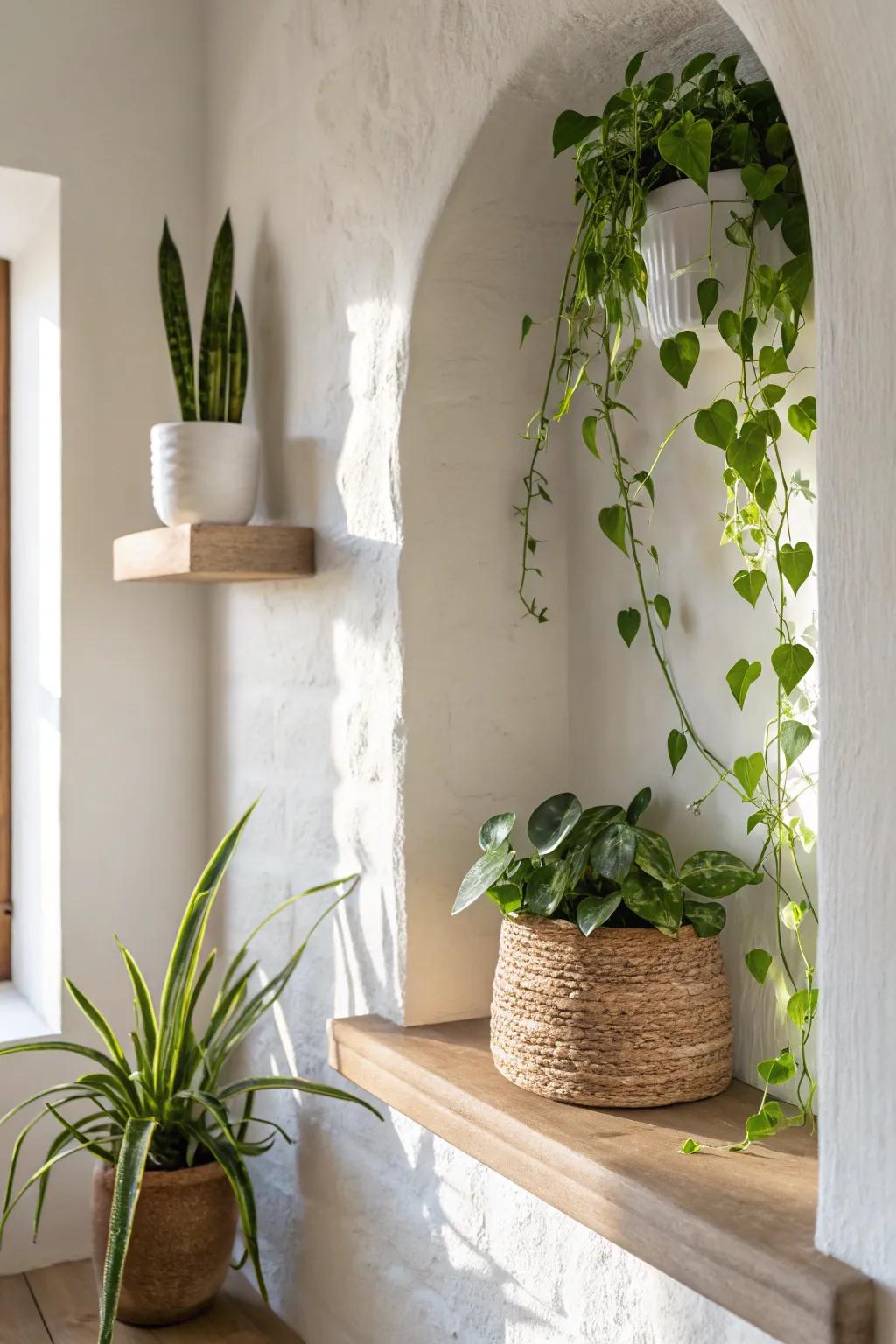 Staggered greenery in a wall niche: one trailing, one upright—fresh height without floor clutter.