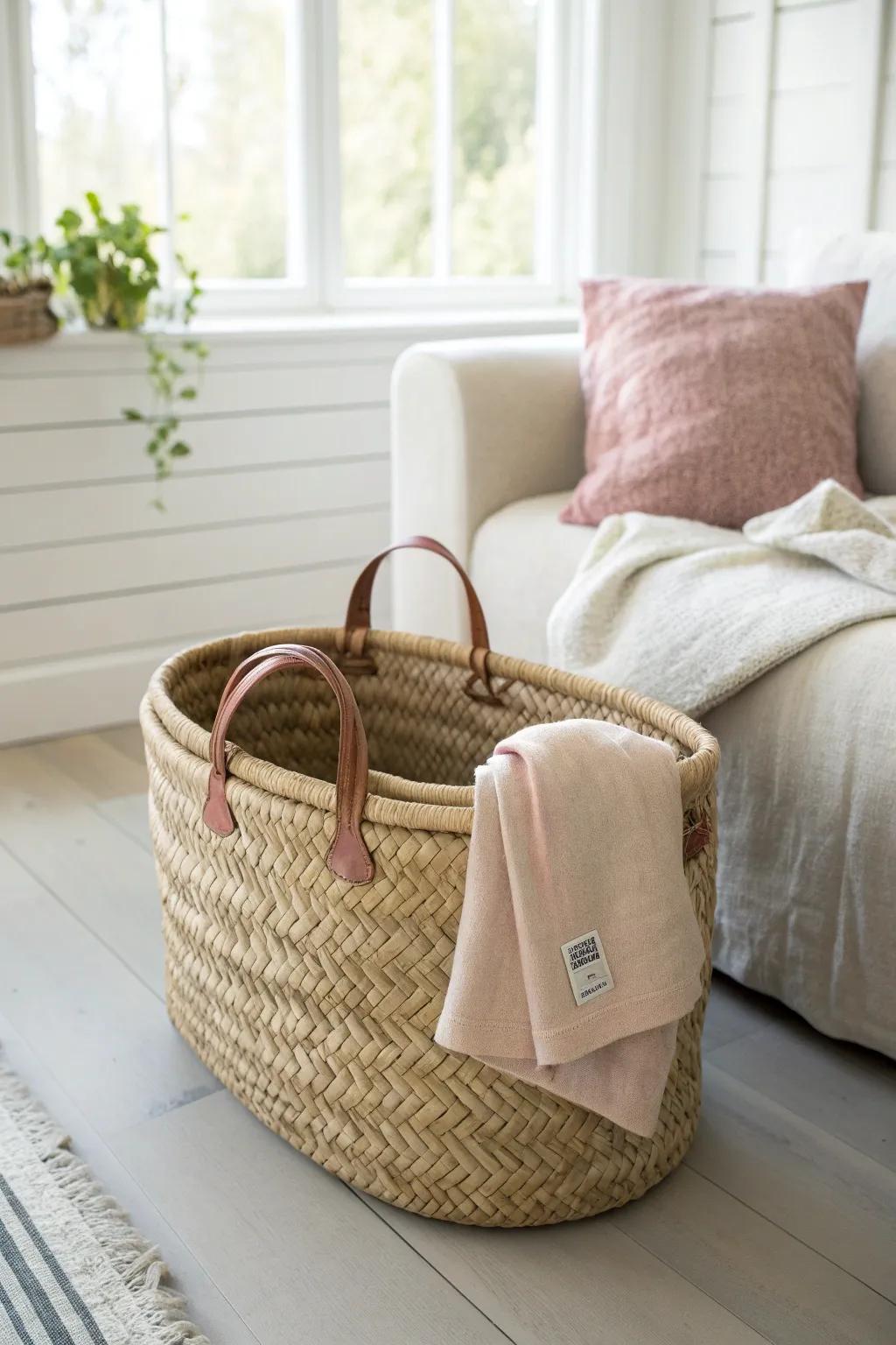 One pretty basket, three mini categories—blankets, tech bits & misc—instant living-room calm.