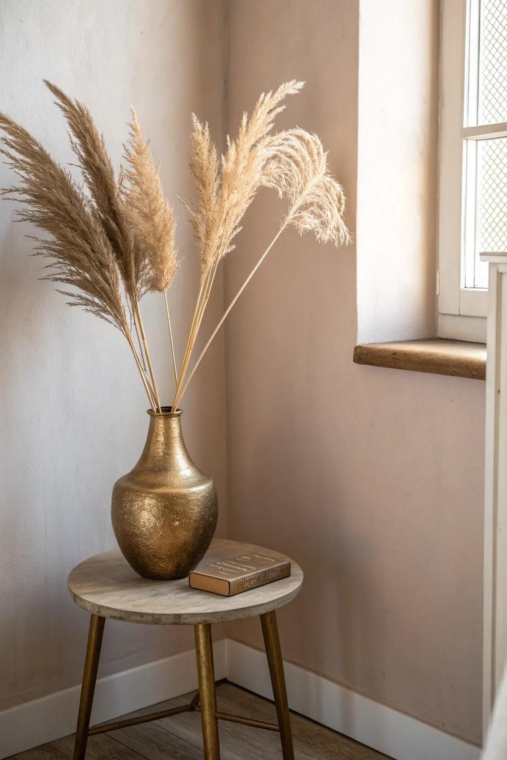 Dusty blush reads neutral when paired with gray upholstery and a warm handcrafted brass accent.