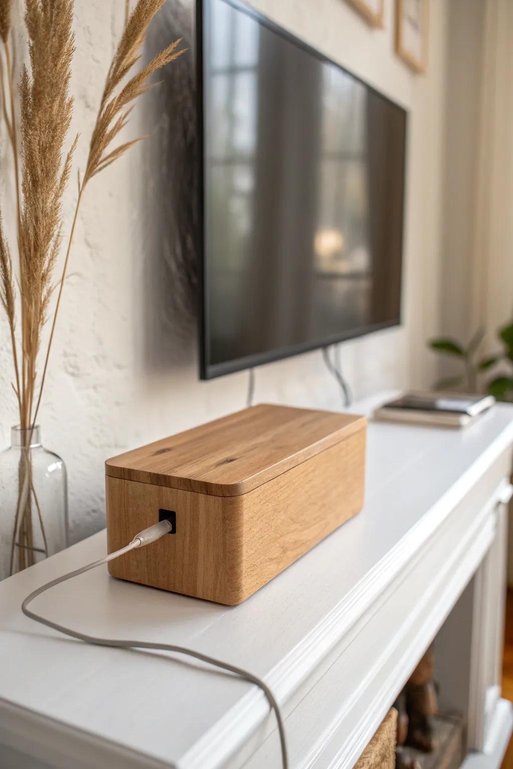 Hide TV-over-fireplace cords with a slim oak cable box—minimal, tidy, and totally seamless.