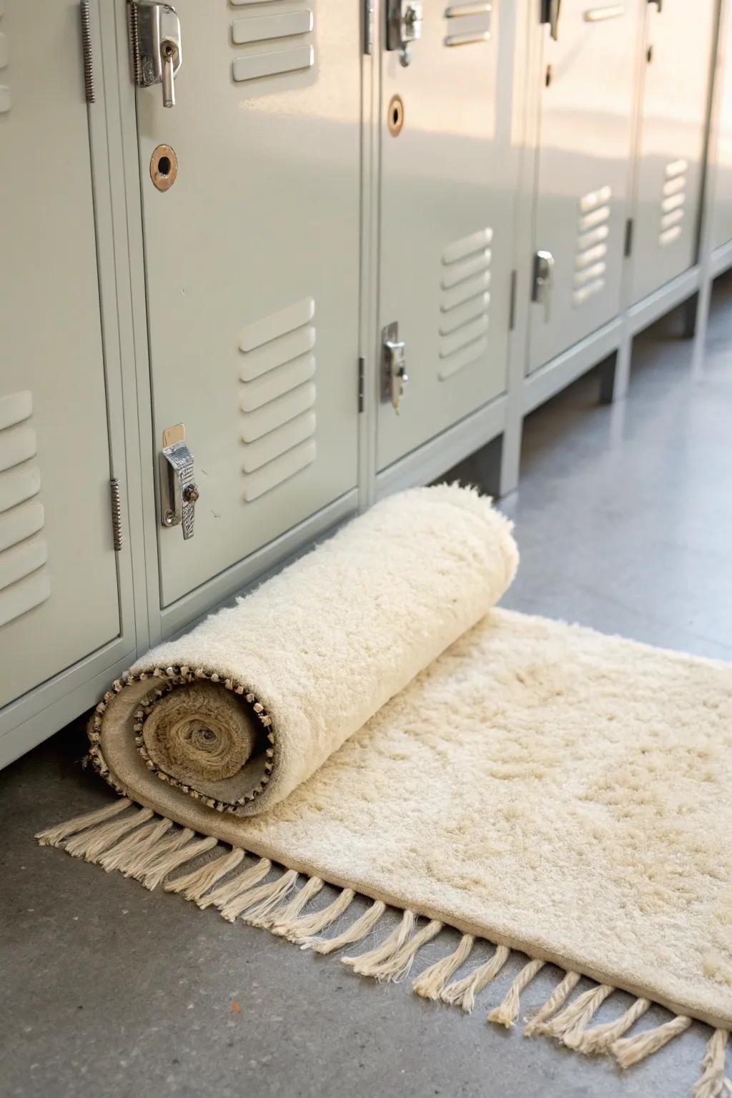 A tiny fuzzy rug instantly makes a locker feel cozy, calm, and intentionally styled.