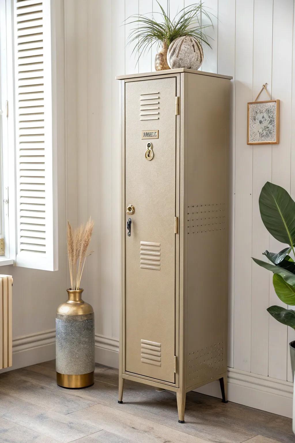 A vintage locker cabinet that hides clutter and doubles as a curated living room console.