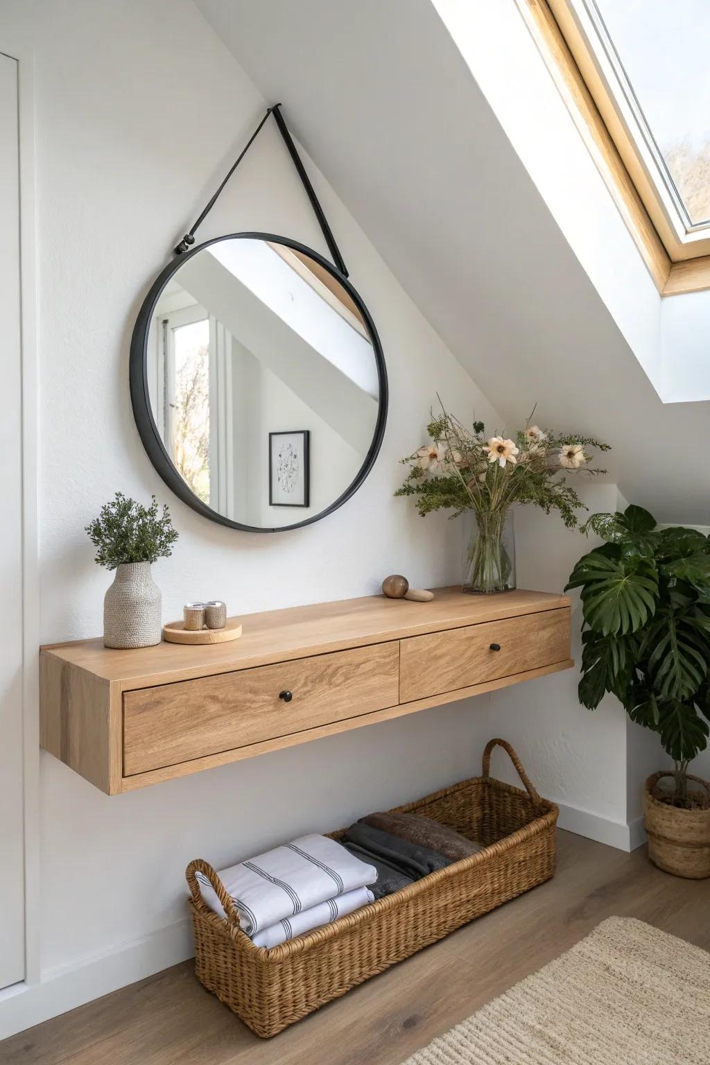 A slim floating vanity transforms an awkward loft corner into a bright, space-saving nook.