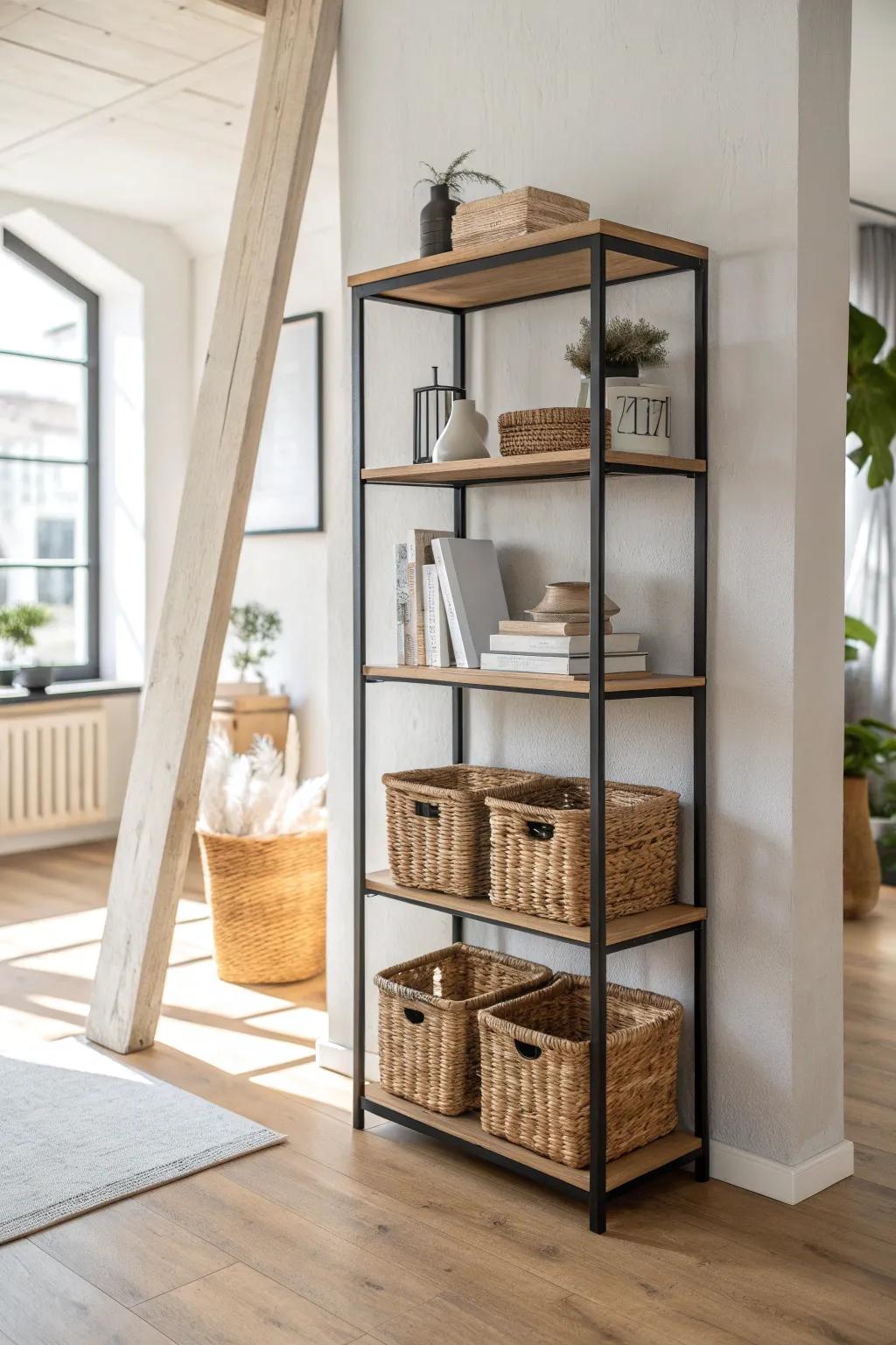 Open shelving dividers define loft zones without blocking light—baskets keep it calm and tidy.
