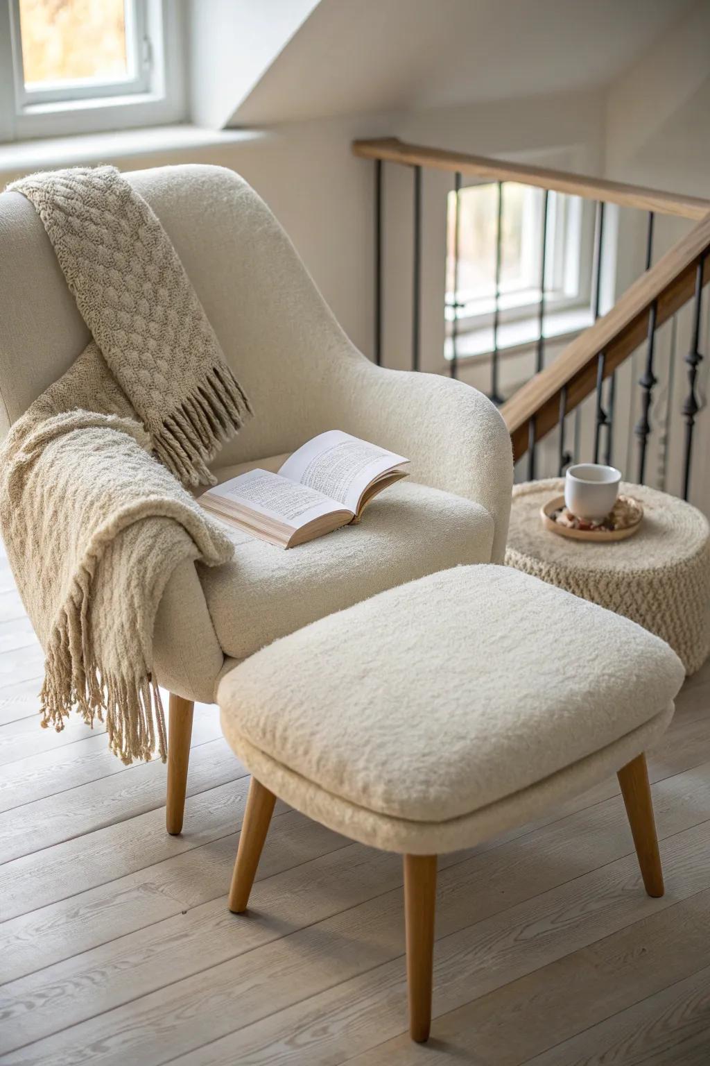 A hug-worthy chair + tiny ottoman turns your loft library into a finished reading nook.