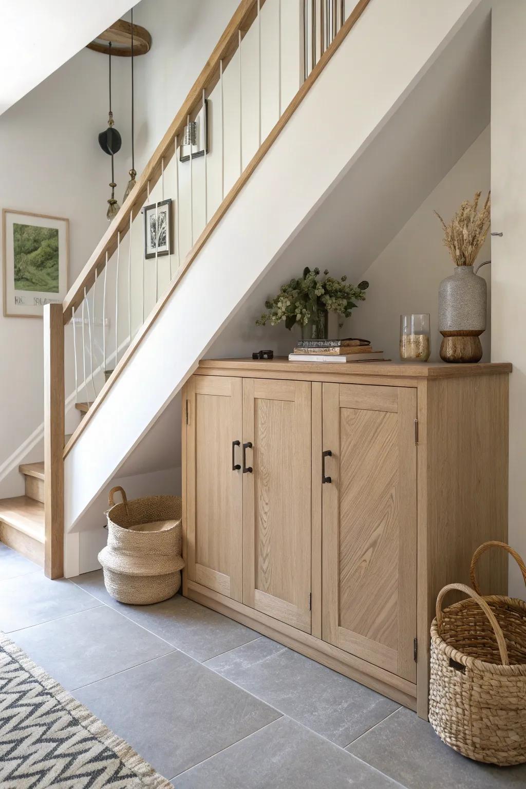 Turn the under-stairs triangle into chic closed storage—perfect for a long, narrow basement.