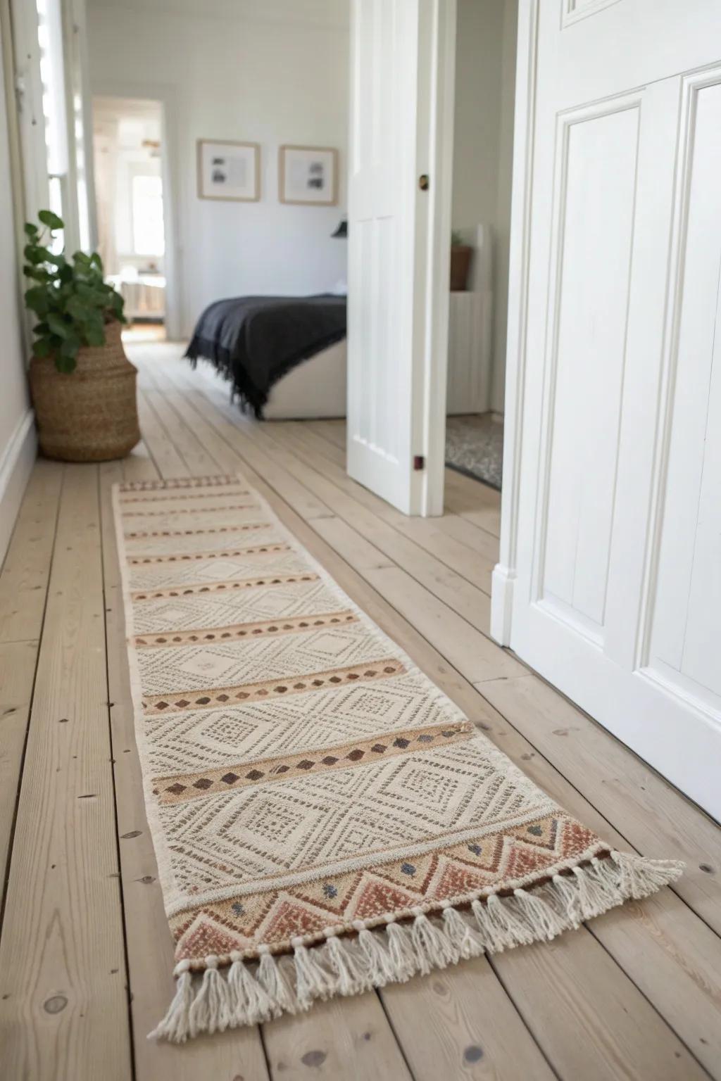 Use a second rug zone to visually shorten a long, narrow bedroom and add instant warmth.