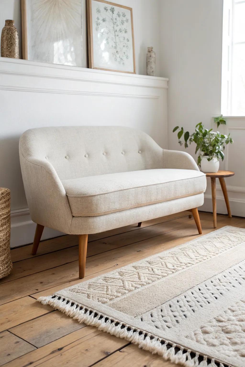 Zone a cozy bedroom corner: a petite rug under the loveseat makes the lounge feel intentional.
