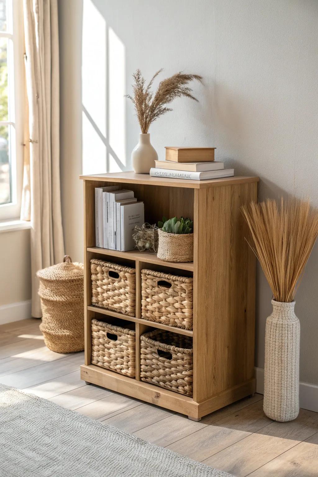 Instant clutter cure: matching woven baskets tucked into a low bookshelf for calm, clean style.