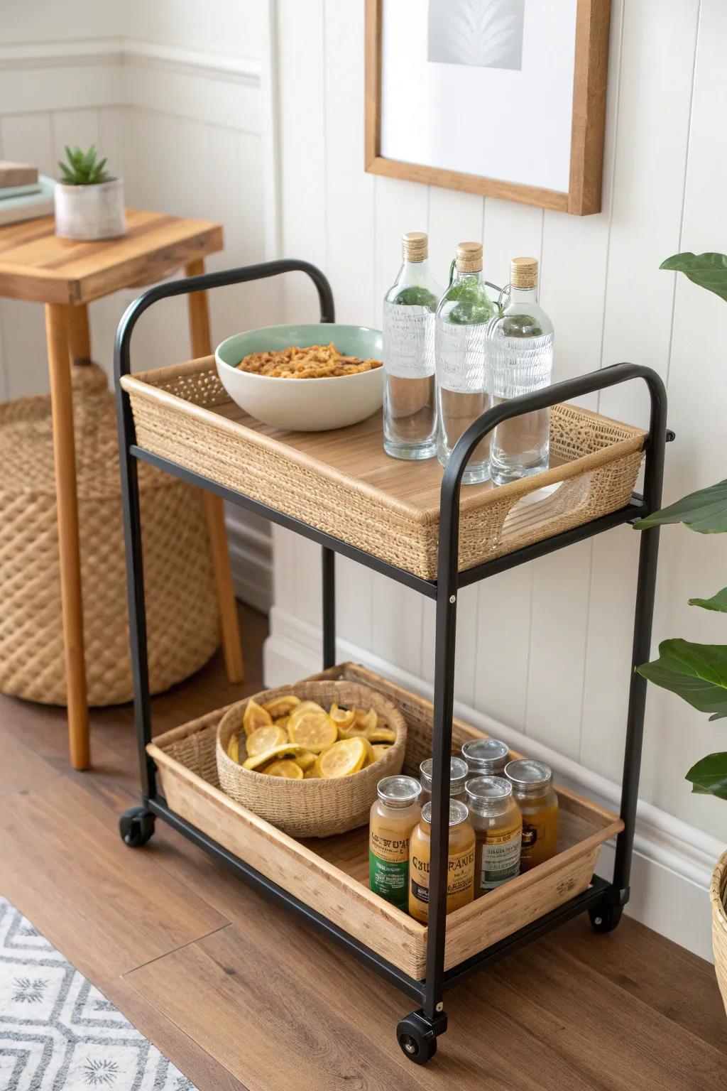 Tiny-space man cave: a slim snack-station cart brings game-day vibes without a bulky bar.