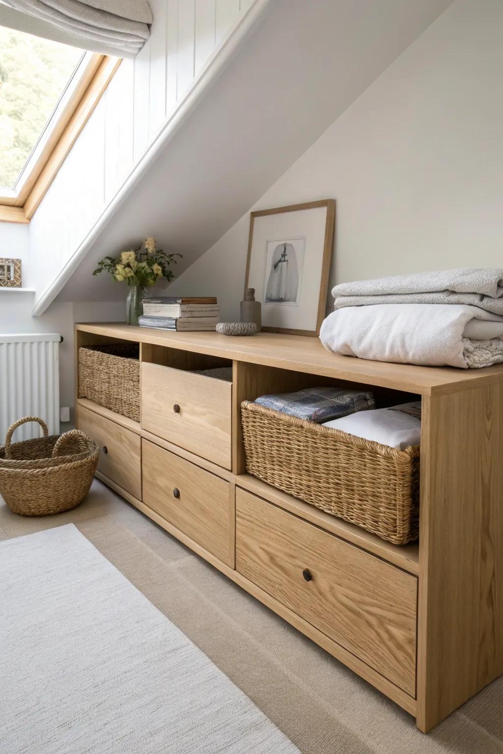 Turn awkward eaves into sleek oak drawers—hidden storage that keeps a low bedroom calm.