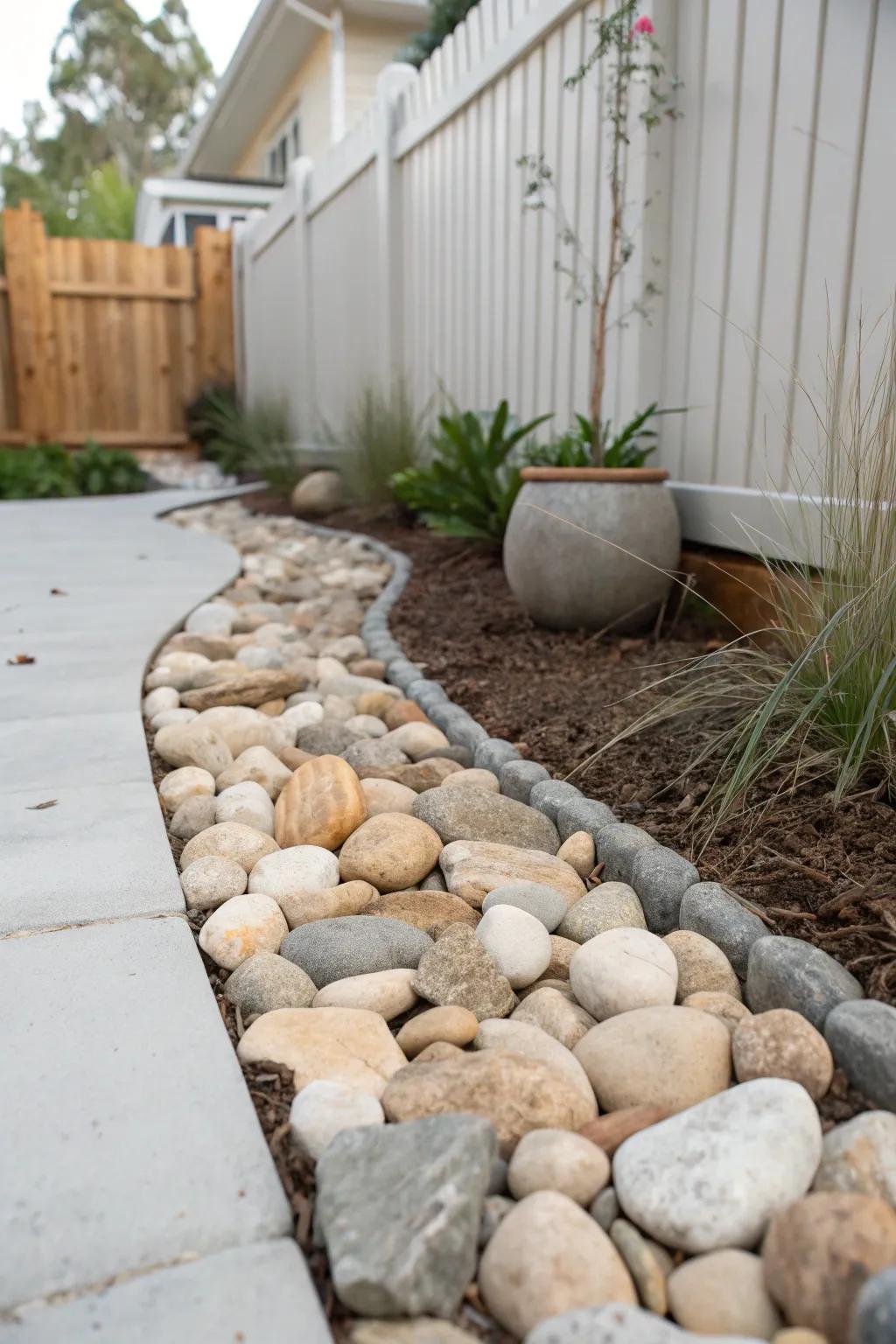 A chic river-rock dry creek strip that solves drainage and adds effortless backyard style.