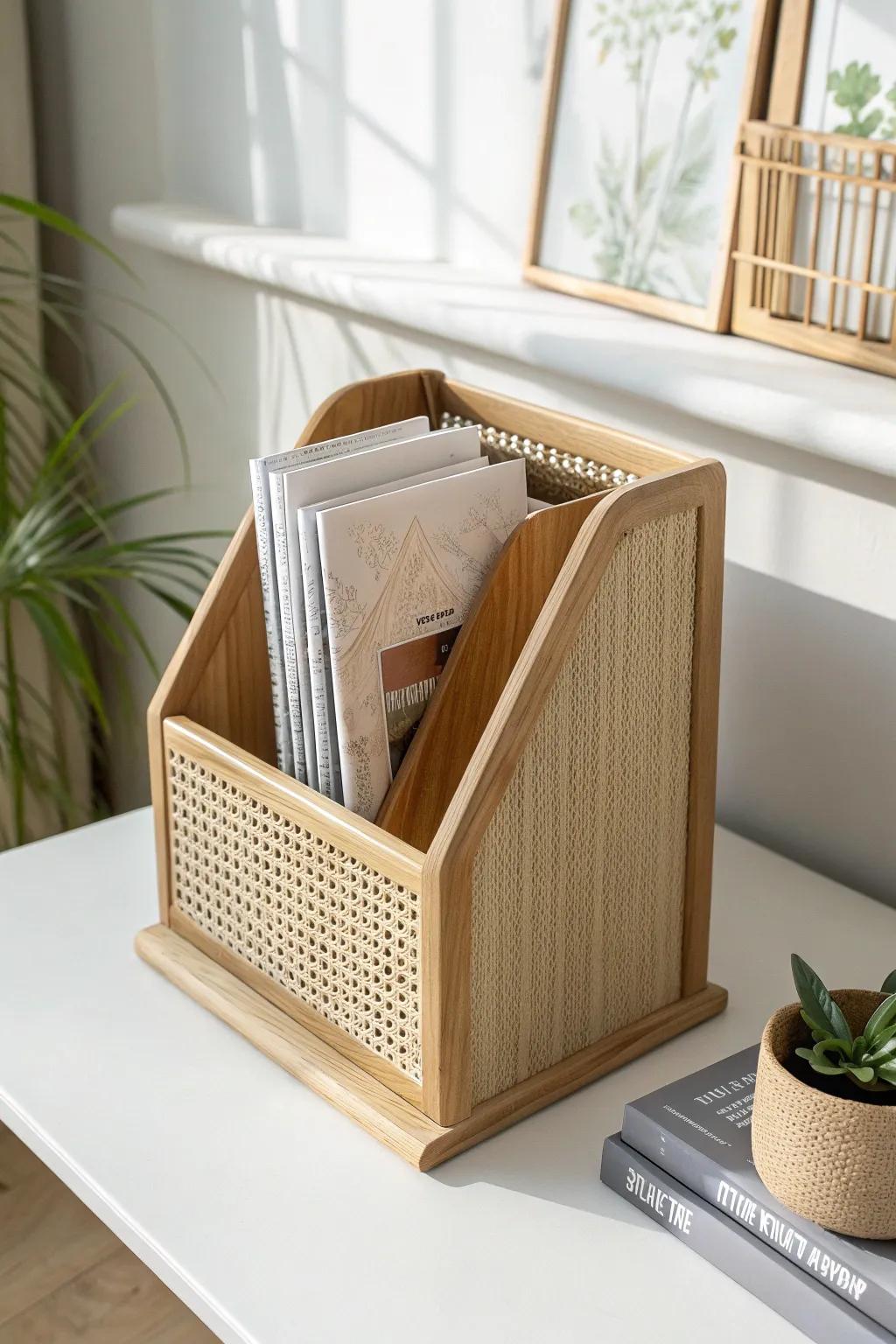 A vertical desk magazine holder keeps paper piles tidy while adding calm, minimalist style.