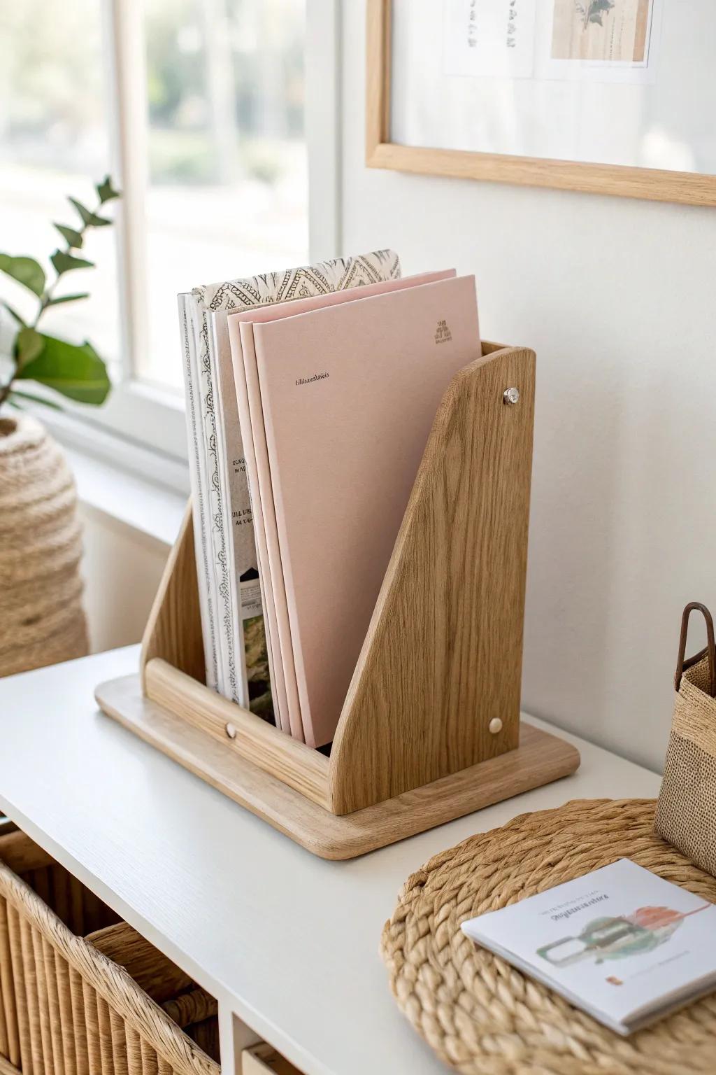 A slim vertical sorter keeps magazines upright, tidy, and within reach in a small office.