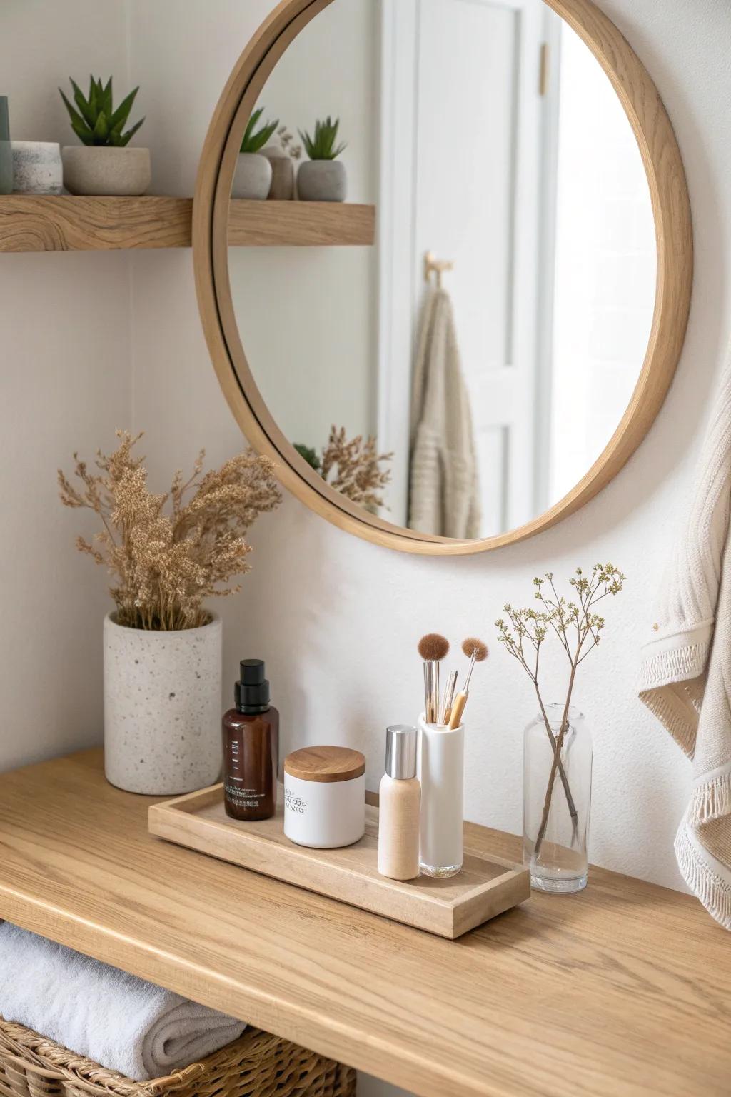 A slim floating ledge above the mirror keeps daily makeup within reach—no counter clutter.