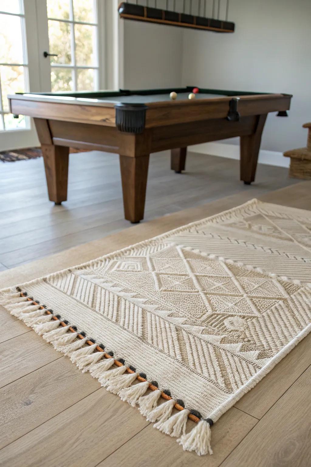 A low-pile rug defines the pool-table zone—stylish, practical, and perfect for small man caves.
