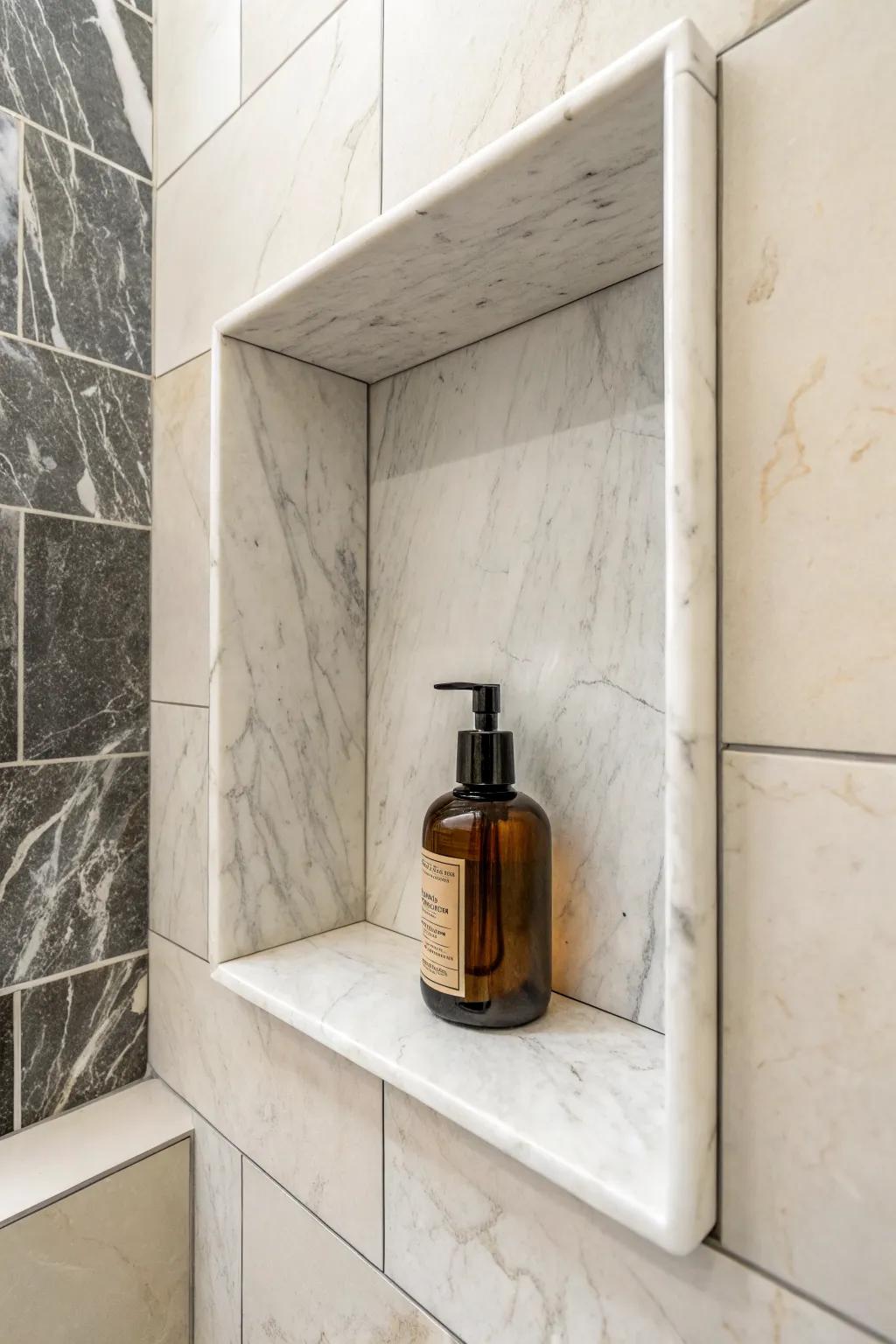 Marble shower niche with a bold contrasting tile back—simple, modern, and perfectly eye-catching.