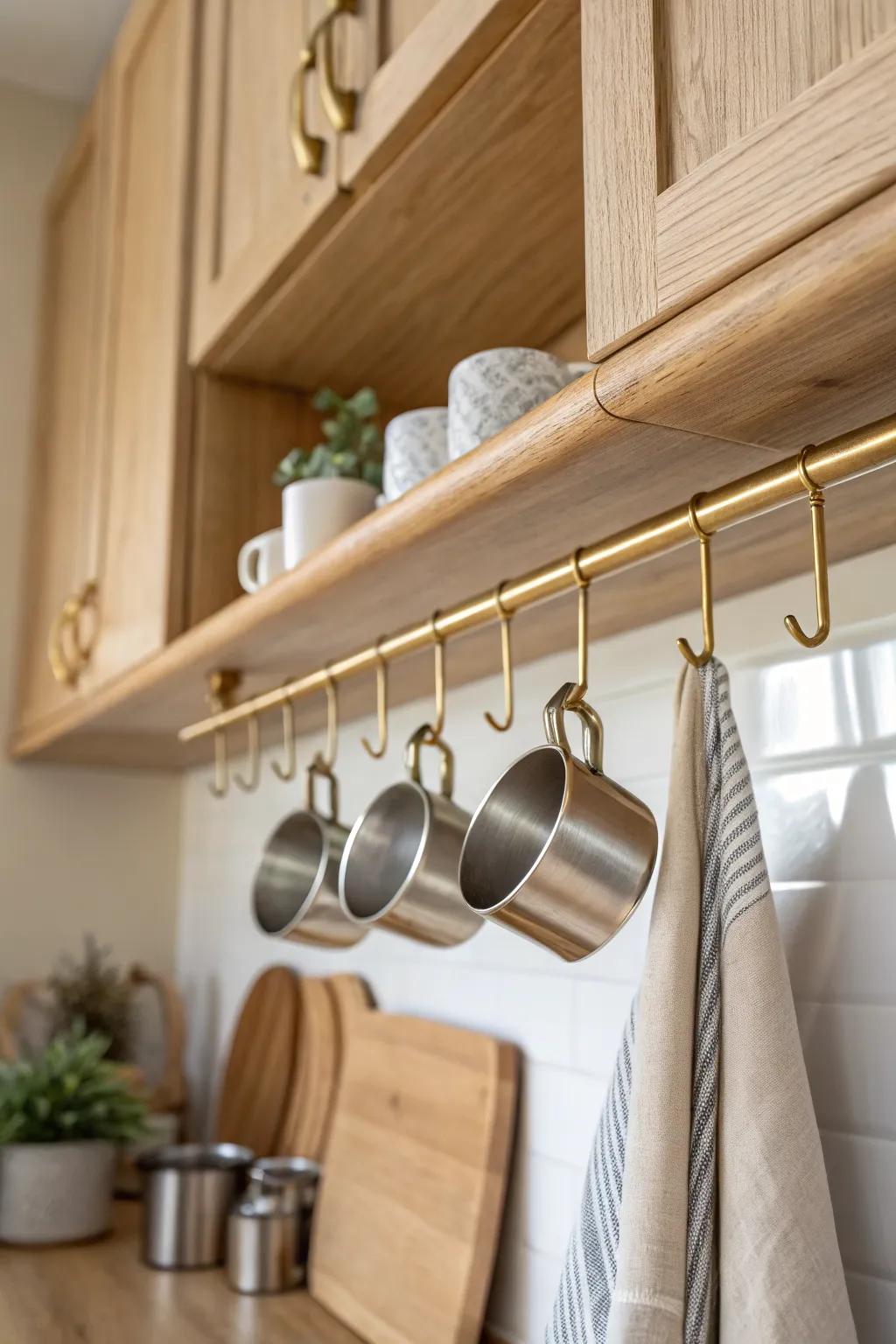 Slim rail + sliding hooks keeps measuring cups tidy, visible, and space-smart inside cabinets.