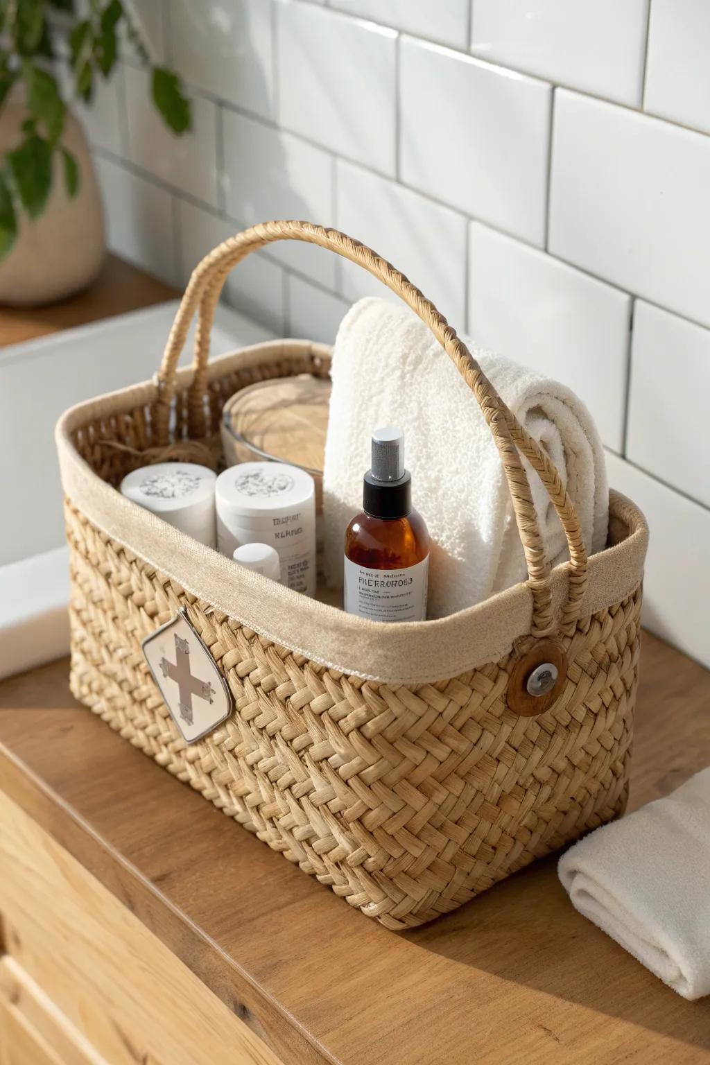 A chic handled first-aid caddy keeps essentials organized—easy to grab and move anywhere.