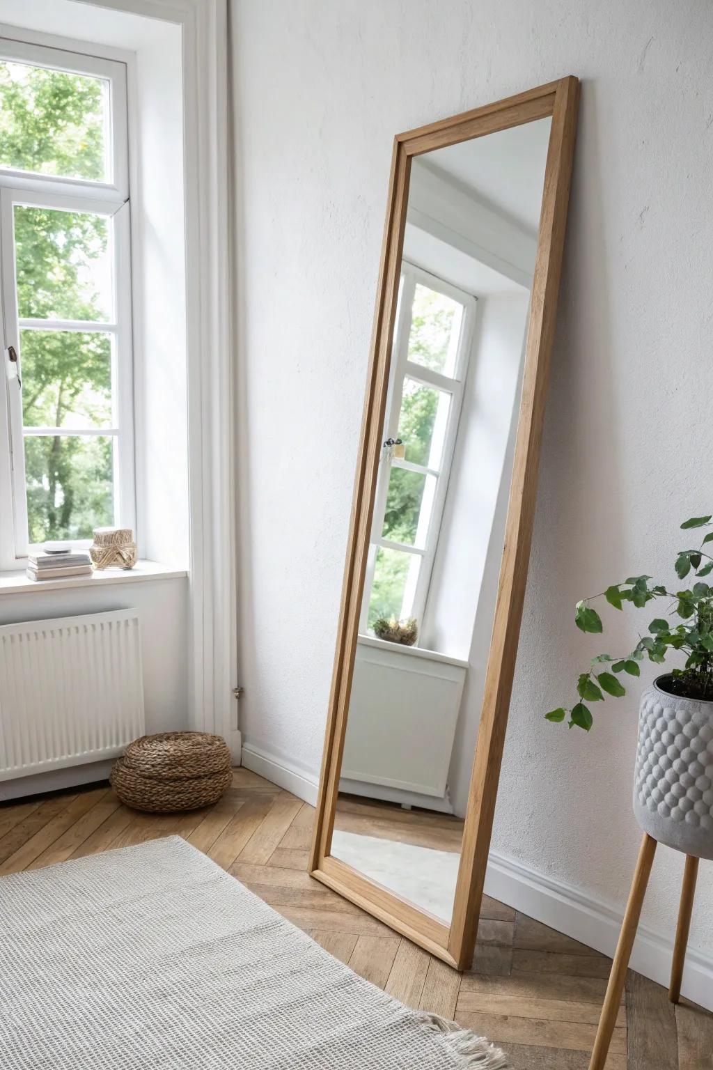 A leaning full-length mirror doubles the light—instantly opening up your meditation corner.