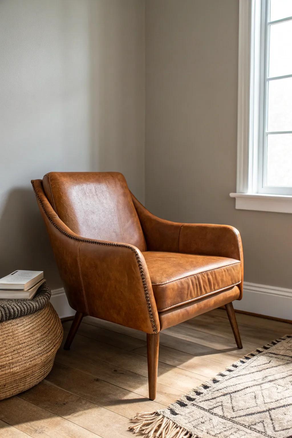 One caramel leather-look chair adds instant warmth and depth to a simple gray palette.