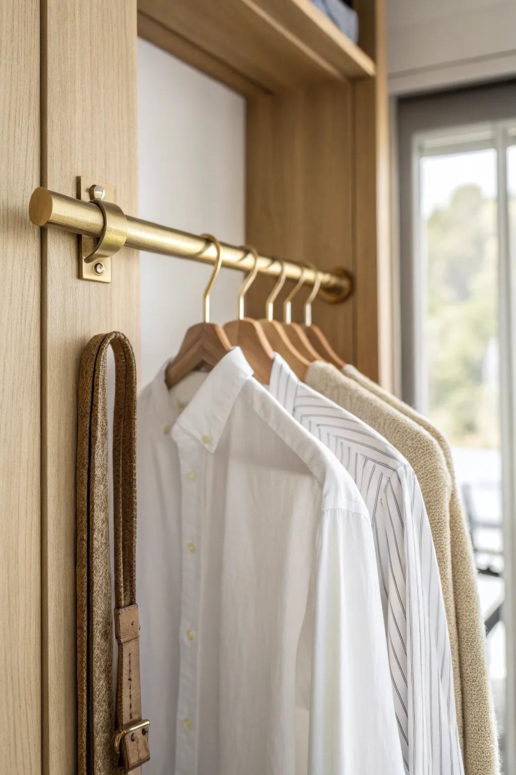 A pull-out valet rod keeps tomorrow’s outfit ready—no chair pile, even in a tiny closet.
