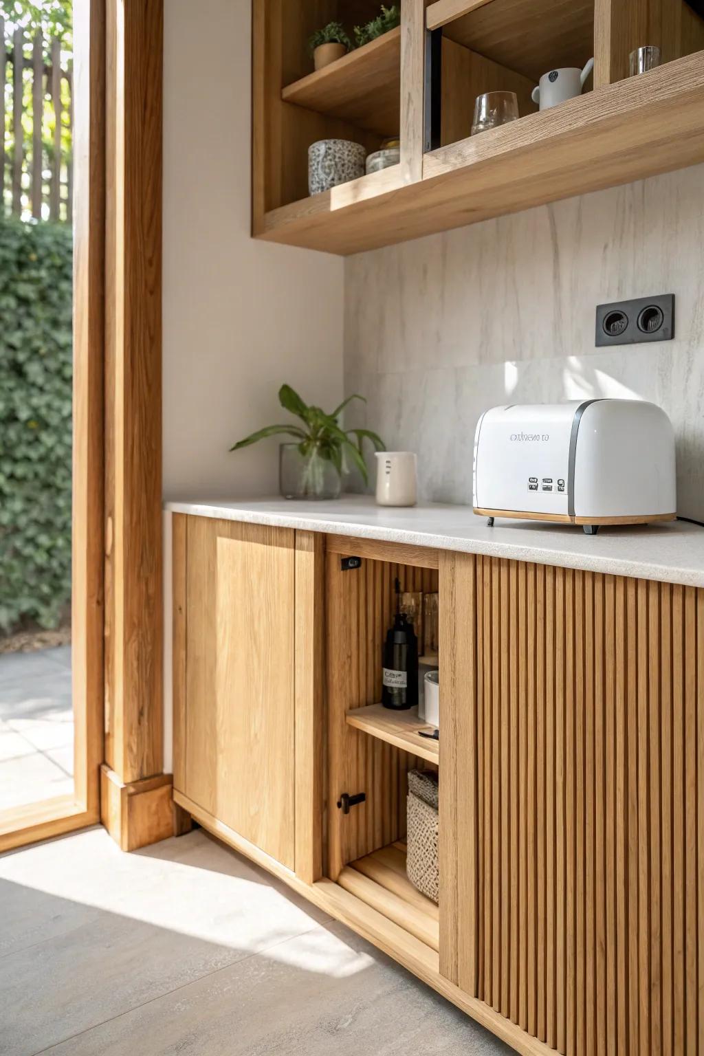 Hide your toaster in a chic cabinet garage for instantly bigger-looking micro kitchen counters.