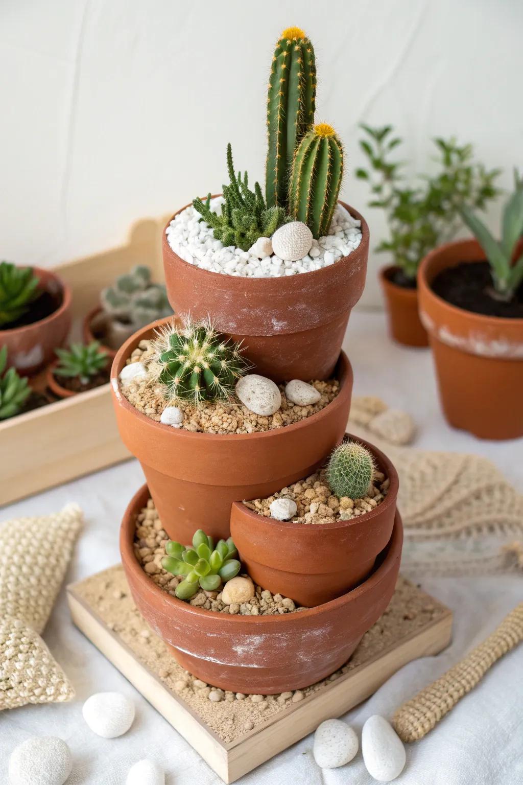 Broken terracotta pot turned into a tiered cactus canyon—tiny, sculptural, and space-friendly.