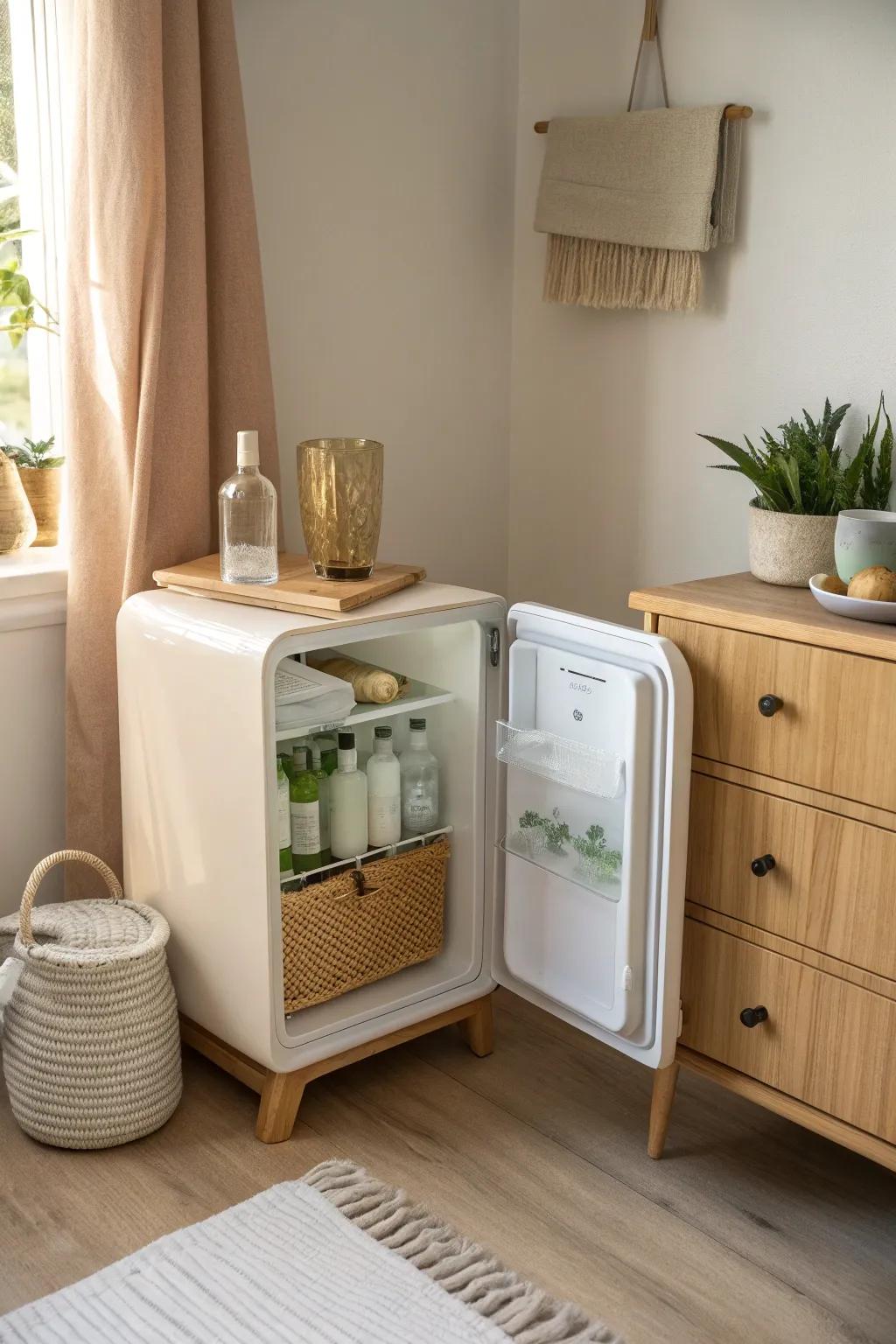 A mini fridge by the vanity keeps skincare chilled and the whole corner calm and chic.